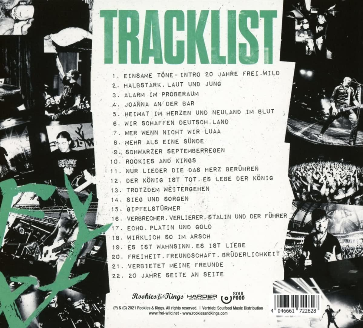 Albumcover mit Trackliste, Schwarz-Weiß-Bandfotos, grüner Text.