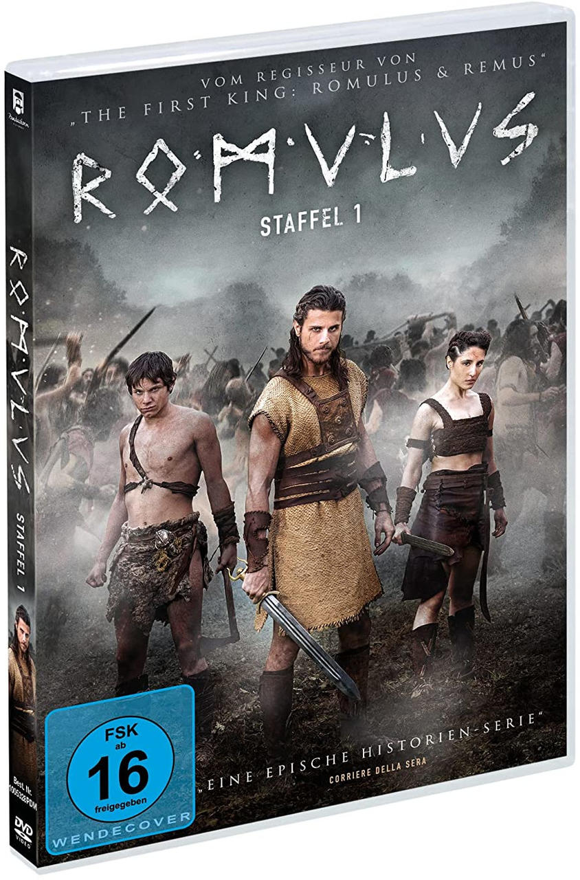 DVD-Hülle mit drei Personen in römischer Kleidung. Text lautet 'Romulus Staffel 1' mit 'The First King: Romulus & Remus'.