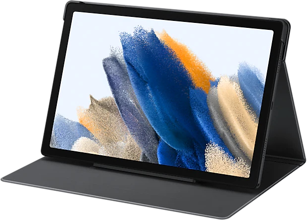 Une tablette avec un écran affichant de l'art abstrait coloré, sur un étui sombre.