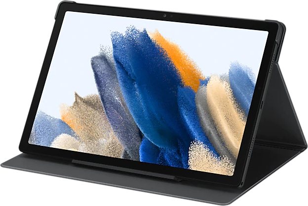 Tablette dans un étui, affichant une image abstraite colorée sur l'écran.