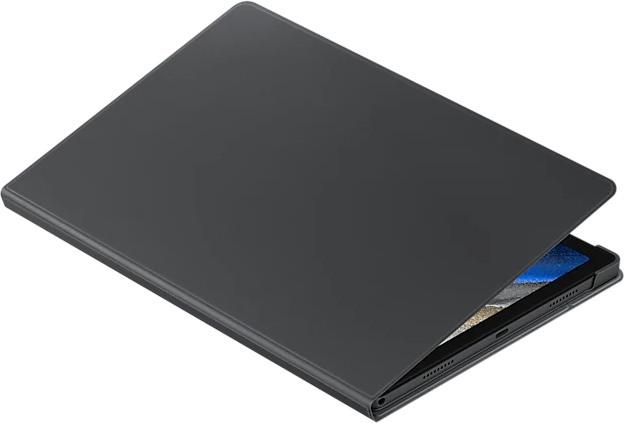 Un étui de tablette gris foncé fermé, légèrement incliné, révélant le bord d'une tablette.
