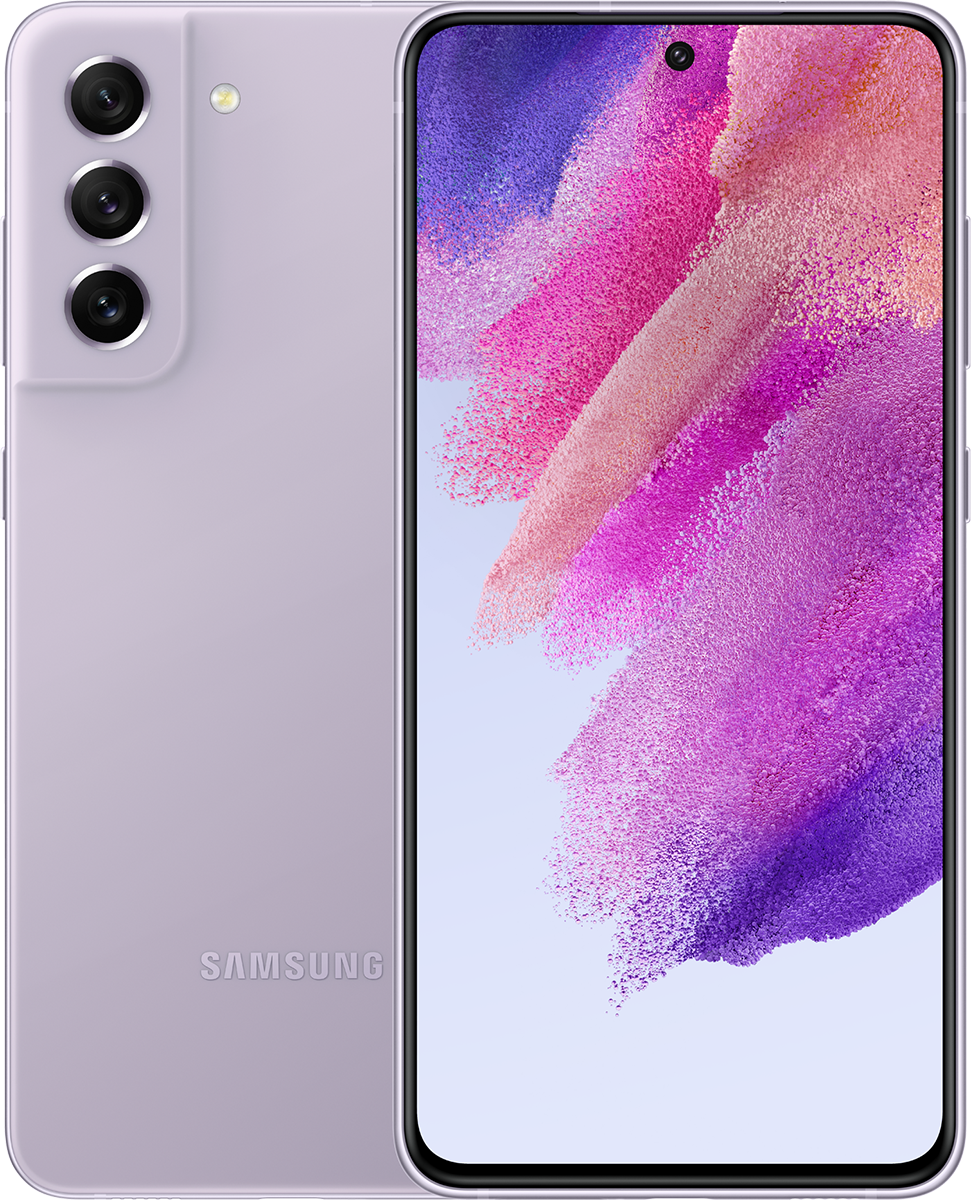 Lila Samsung Galaxy S21 FE okostelefon, hát- és elülső nézet.
