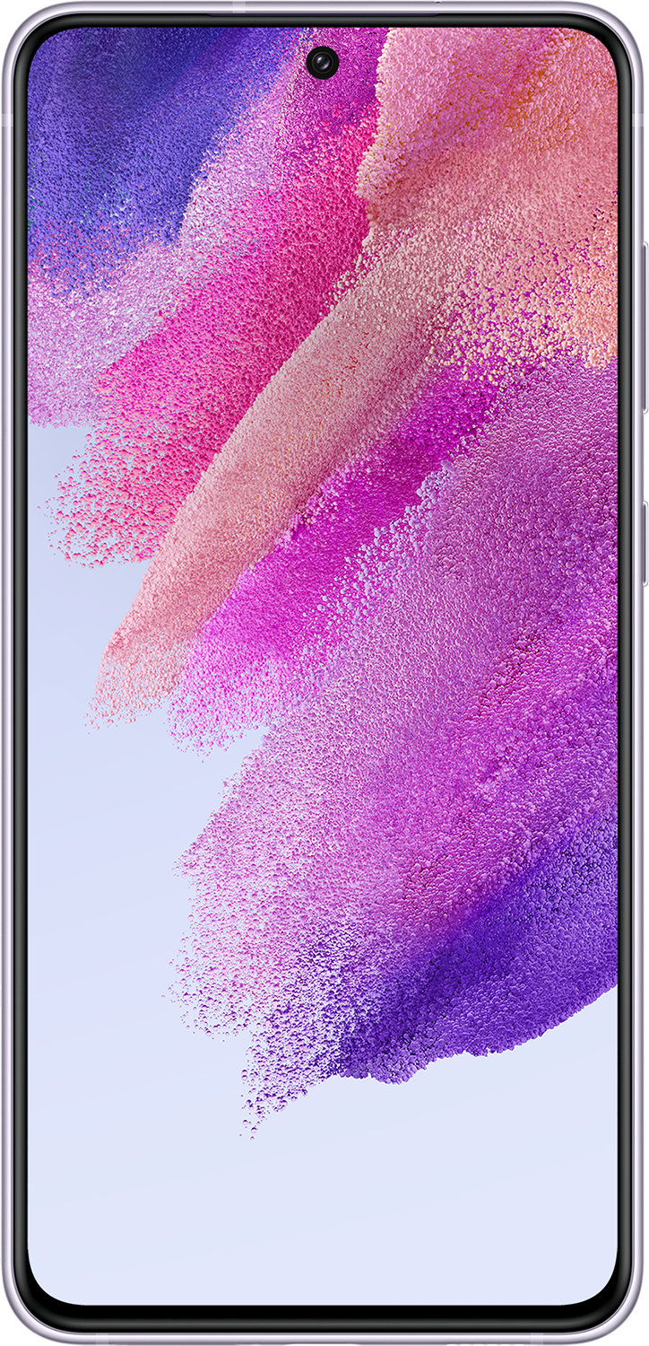 Lila Samsung telefon. Rózsaszín és lila háttér. A telefon színes képet jelenít meg.