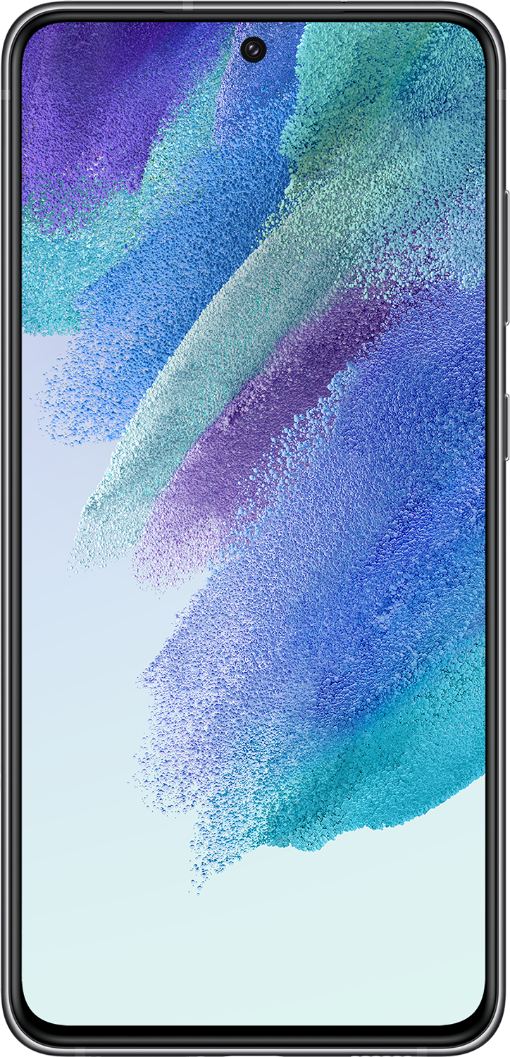 Okostelefon kék színátmenetes képernyővel. A telefon fekete kerettel rendelkezik.
