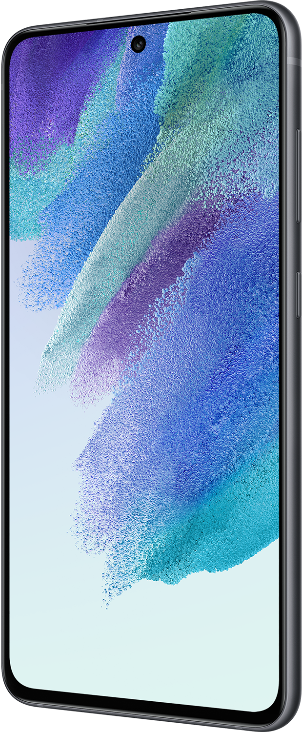 Egy szürke Samsung telefon szögből nézve. A képernyő színkeverékeket mutat.