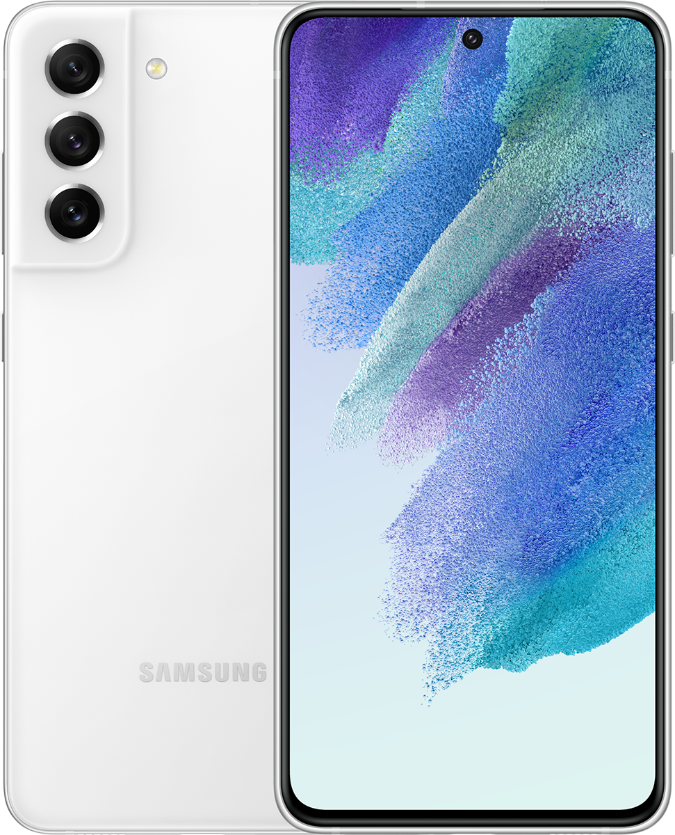 Fehér okostelefon három hátlapi kamerával, színes képernyővel. Hátoldalon Samsung logó.