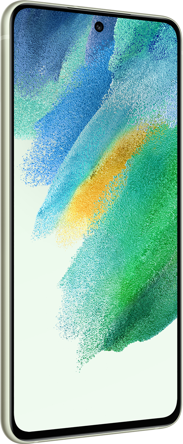 Világoszöld Samsung telefon, szögből, kék, zöld és sárga színekben pompázó, színes absztrakt dizájnt mutató képernyővel.