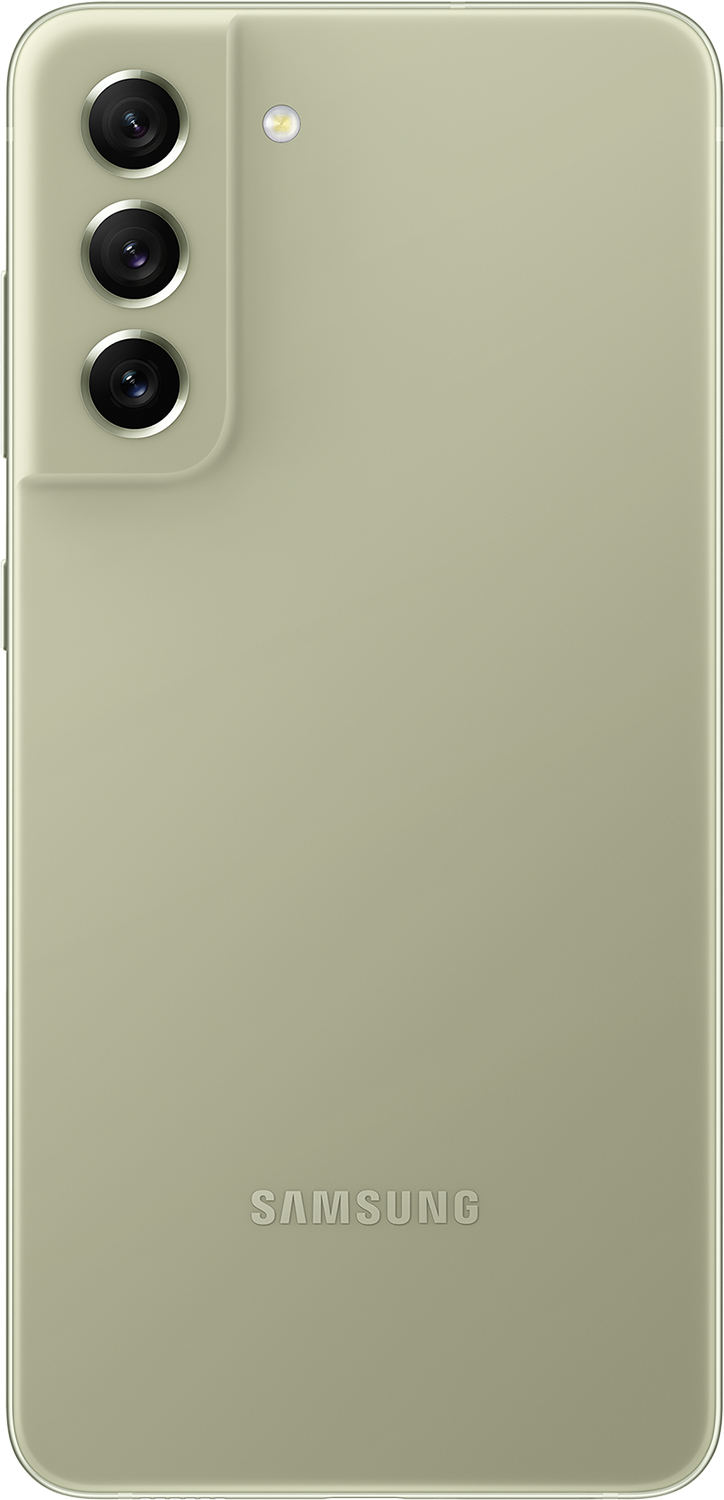 Világoszöld Samsung telefon hátulja, három kamerával. A Samsung logó alul található.