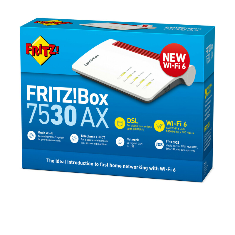 A white and red router box with text, icons, and a 'NEW Wi-Fi 6' label.