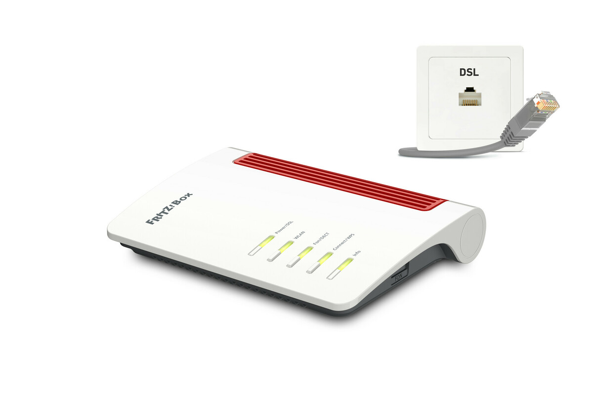 A white and red router, with a DSL outlet and a cable connected to it.