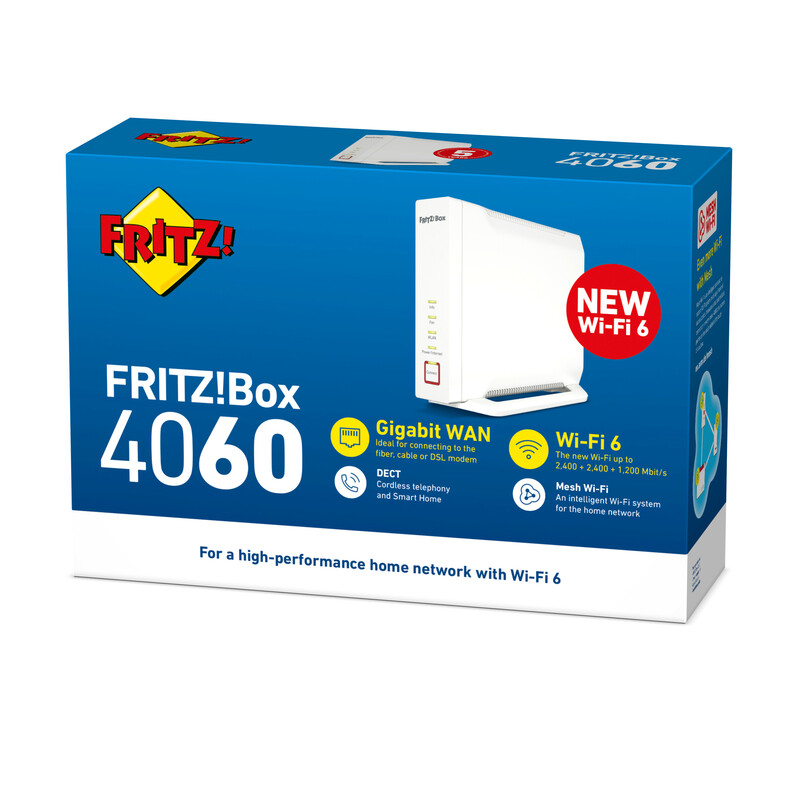 Een blauw-witte doos met de FRITZ!Box 4060 erop. Het heeft ook een label met de tekst nieuw Wi-Fi 6.