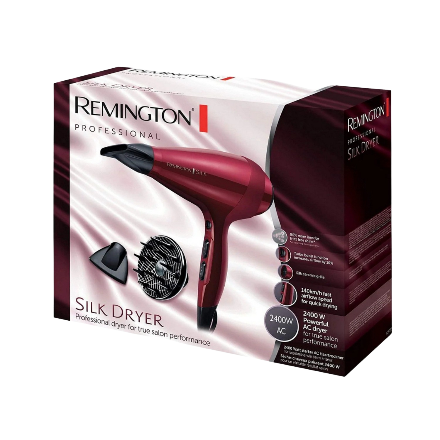 Una caja de Remington Silk Dryer muestra un secador de pelo rojo con accesorios. Tiene texto y gráficos que promocionan sus características.