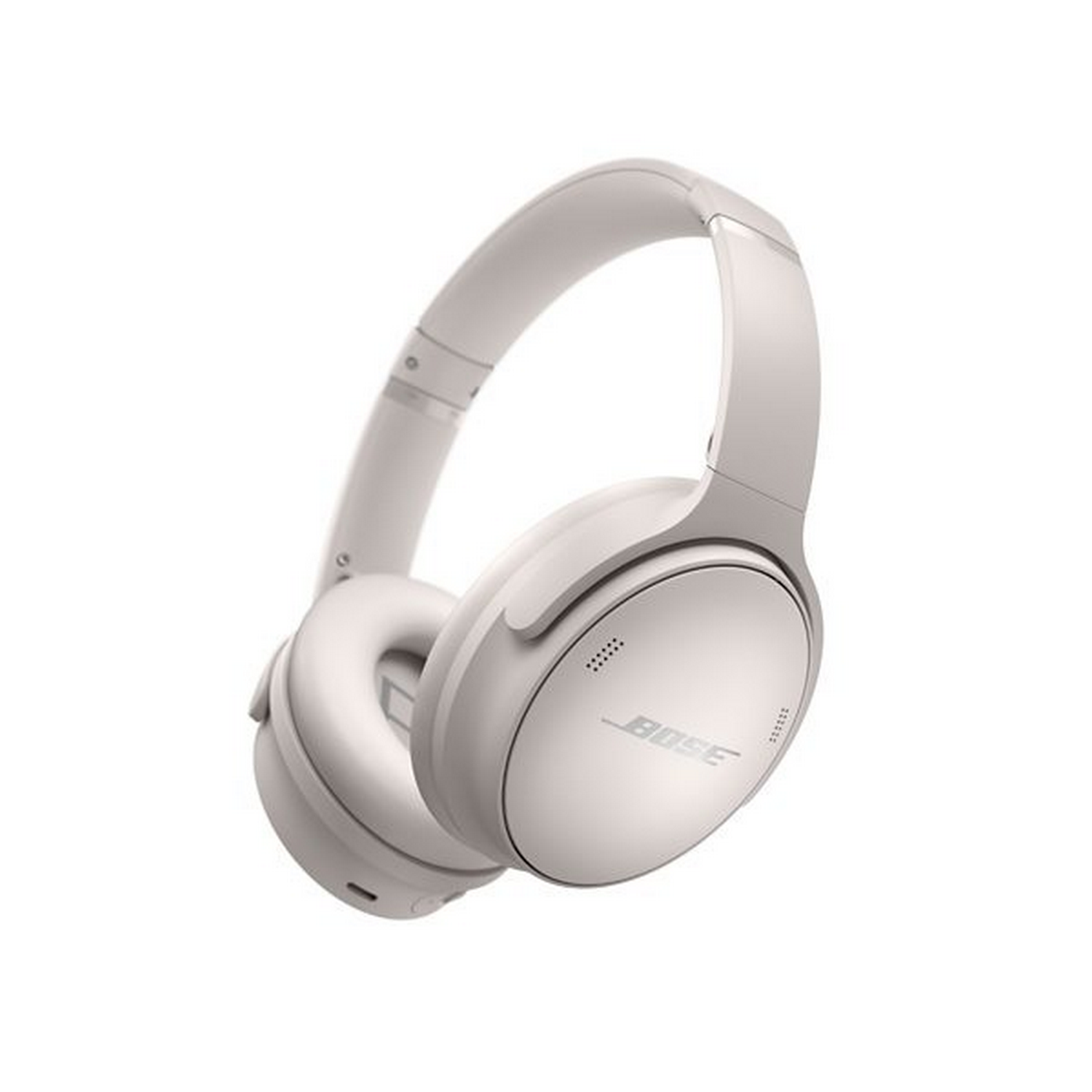 Auriculares blancos Bose, vista en ángulo, sobre fondo blanco.