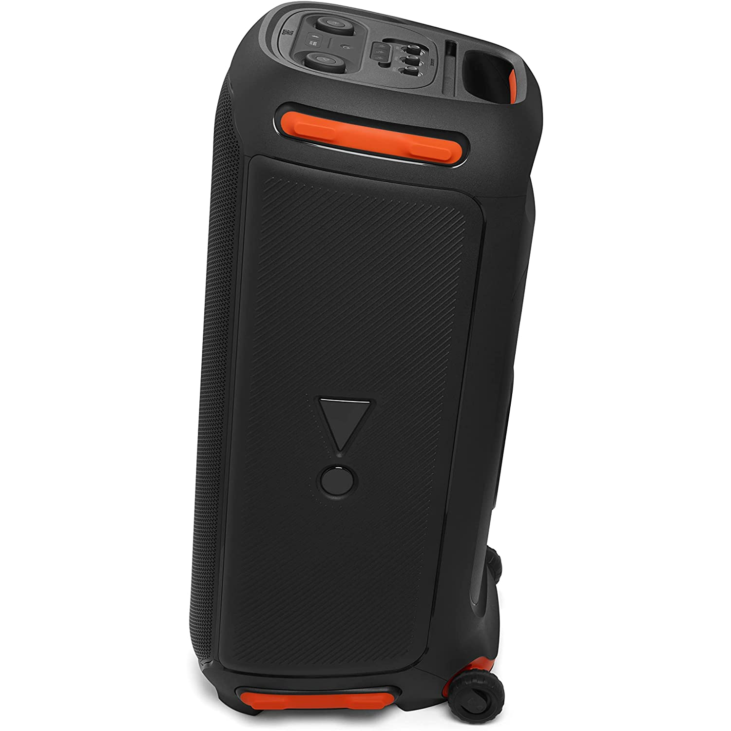 Un altavoz de fiesta JBL negro y naranja, en ángulo, con ruedas y controles visibles.