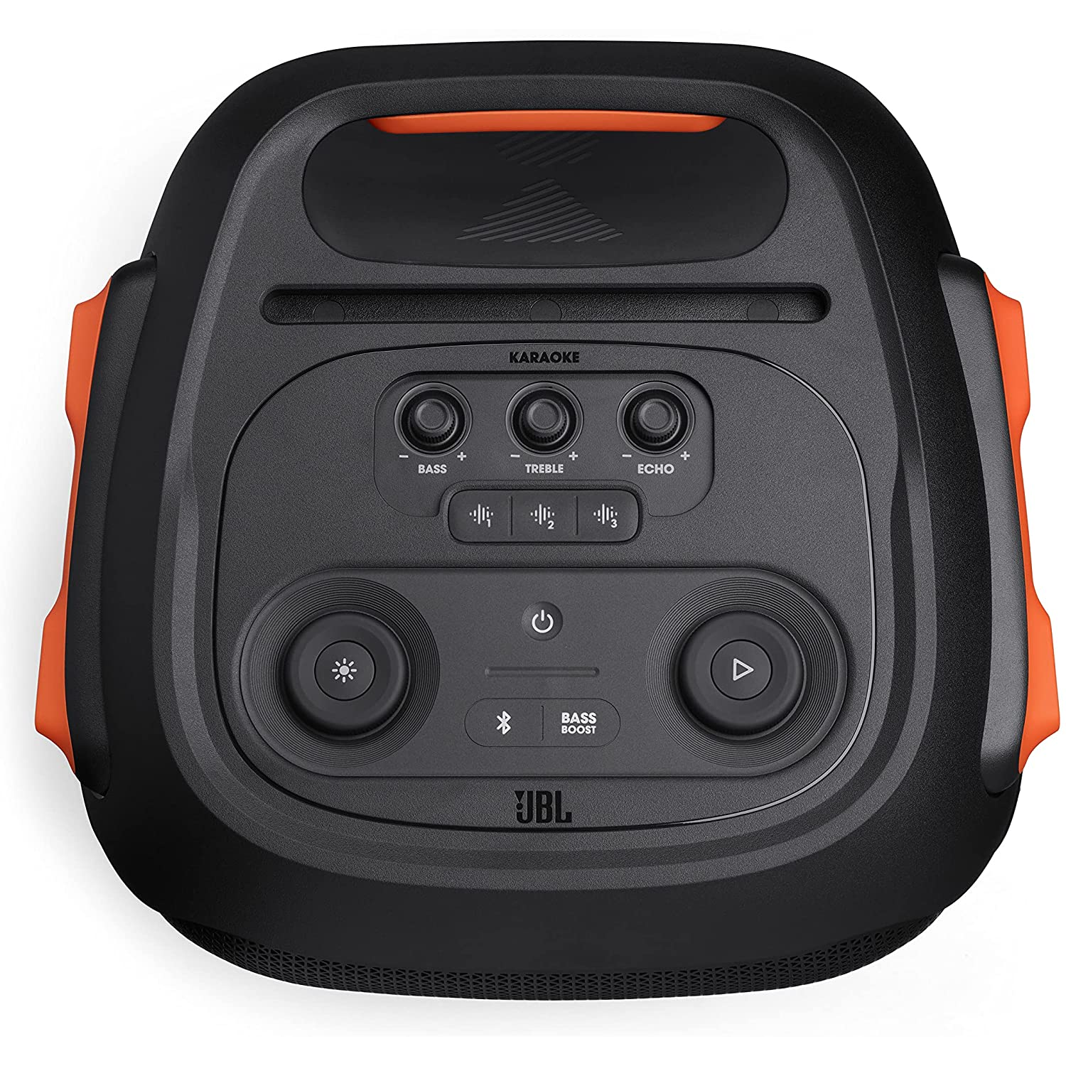 Altavoz JBL PartyBox negro y naranja, con controles para karaoke, bajos, agudos y eco.