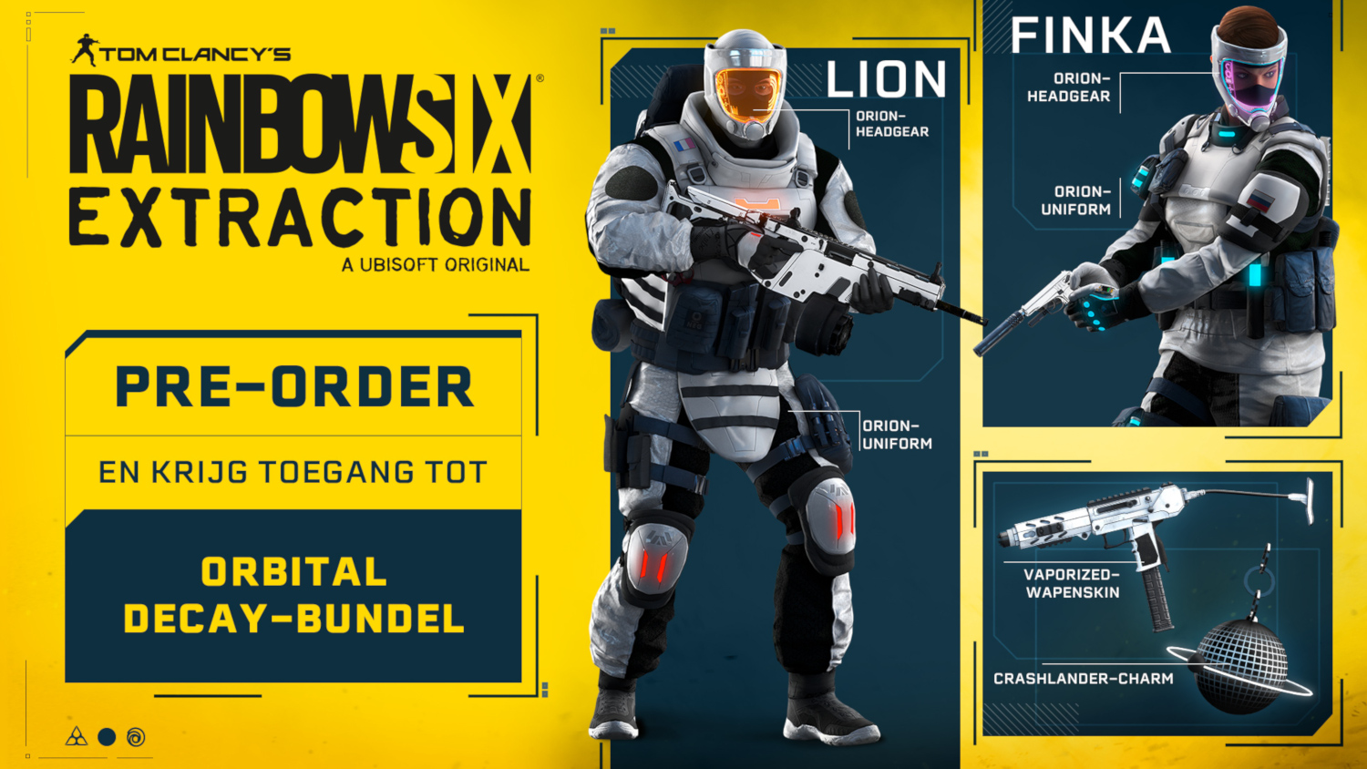 Tom Clancy's Rainbow Six Extraction game promotie. Met karakter afbeeldingen en een pre-order optie.