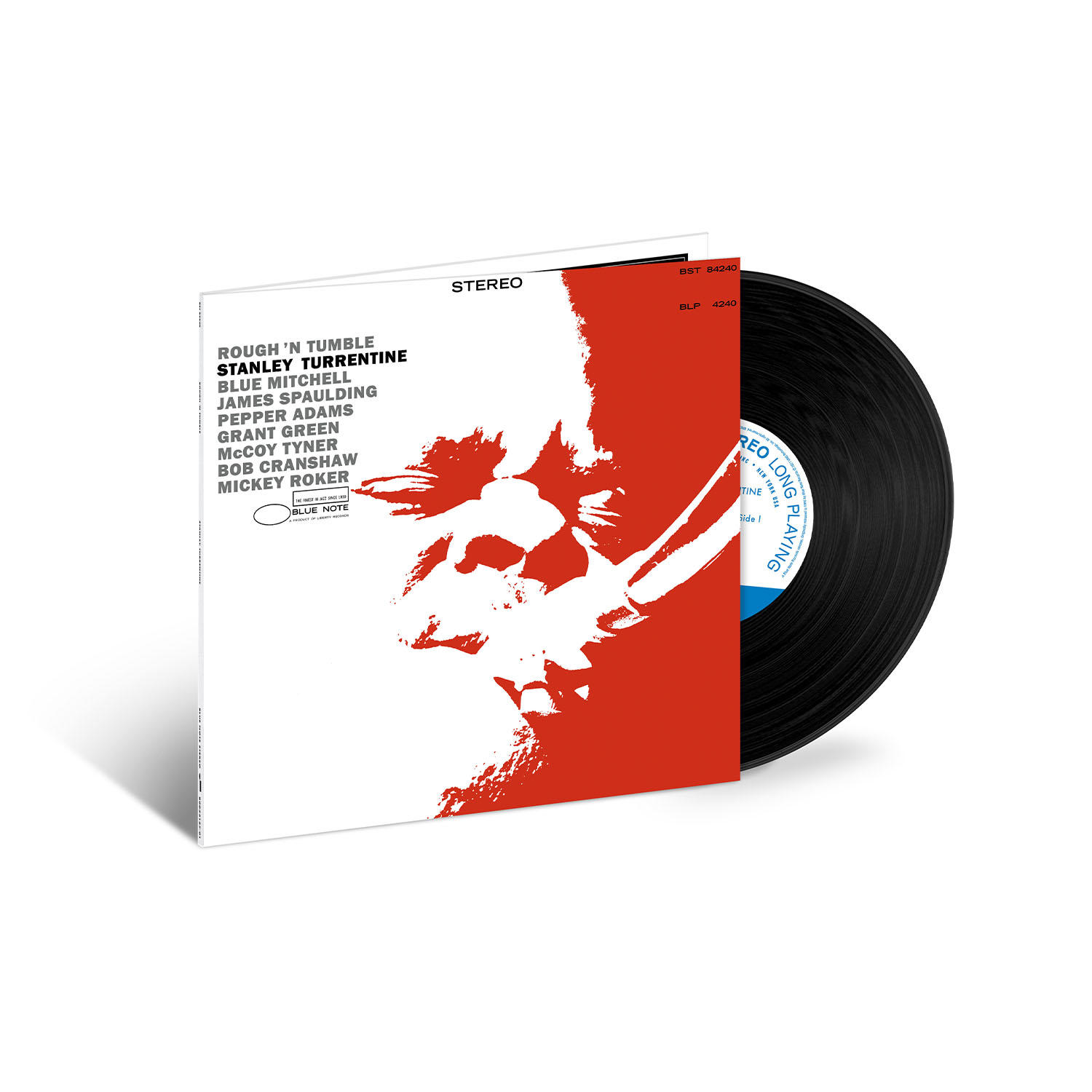 Eine Schallplatte mit Hülle, rotem und weißem Cover-Art und schwarzer Platte.