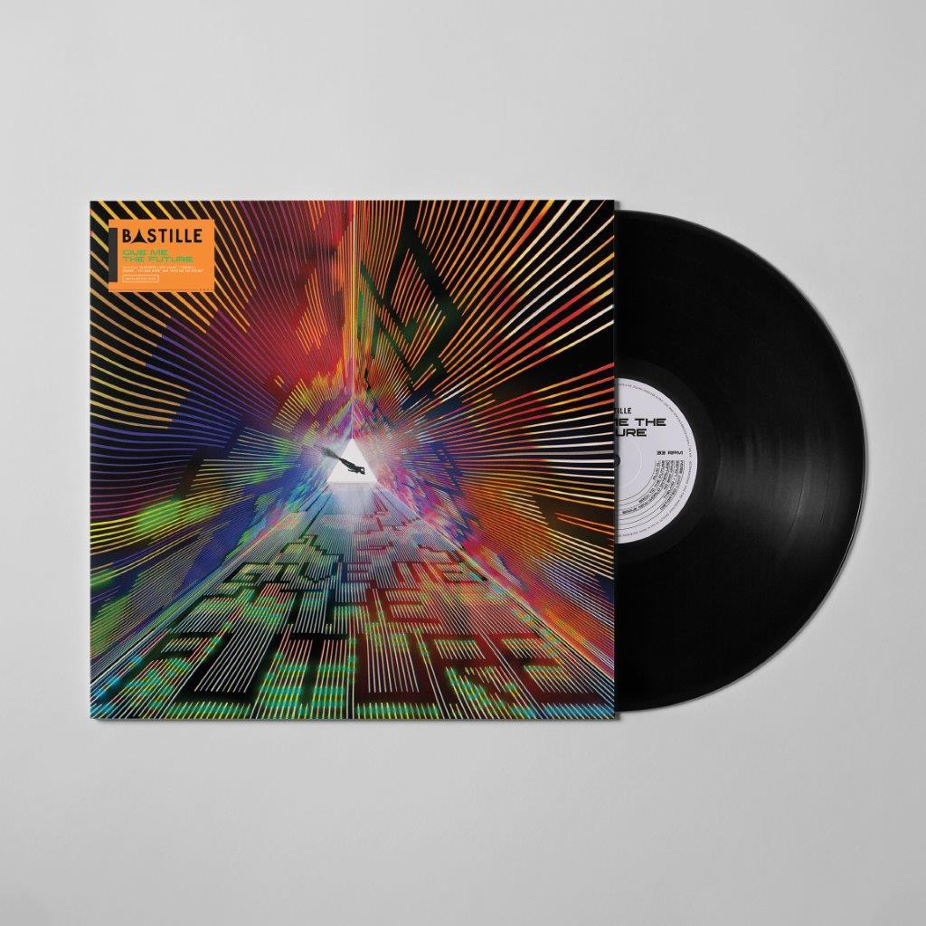 Bastille-Albumcover, farbenfrohes geometrisches Design mit schwarzer Vinyl-Schallplatte auf weißem Hintergrund.