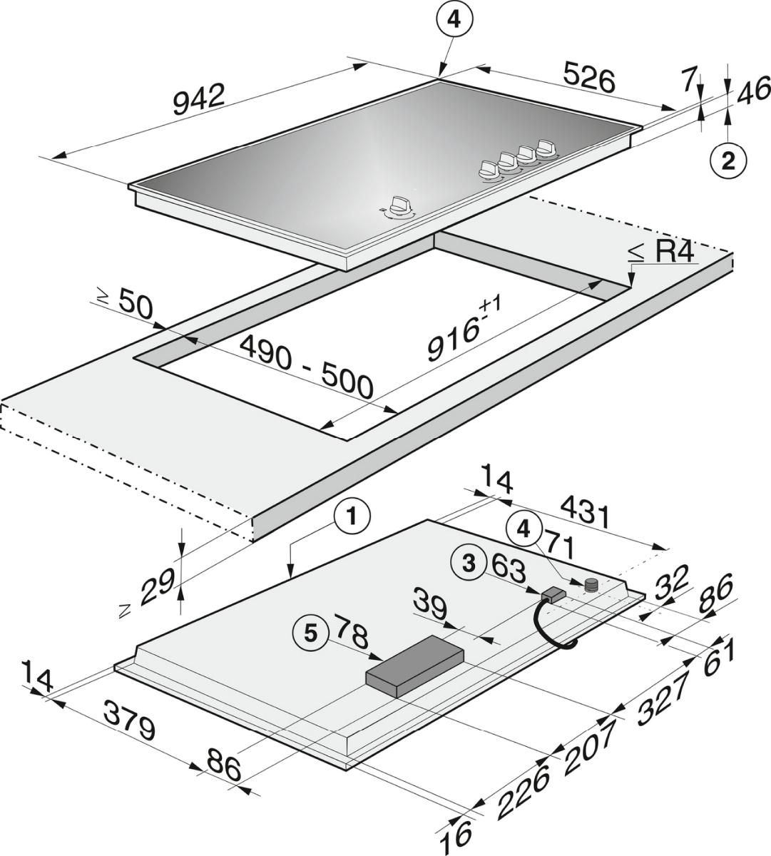 MIELE KM 3054-1 Gaskochfeld (942 mm breit, 5 Kochzonen)