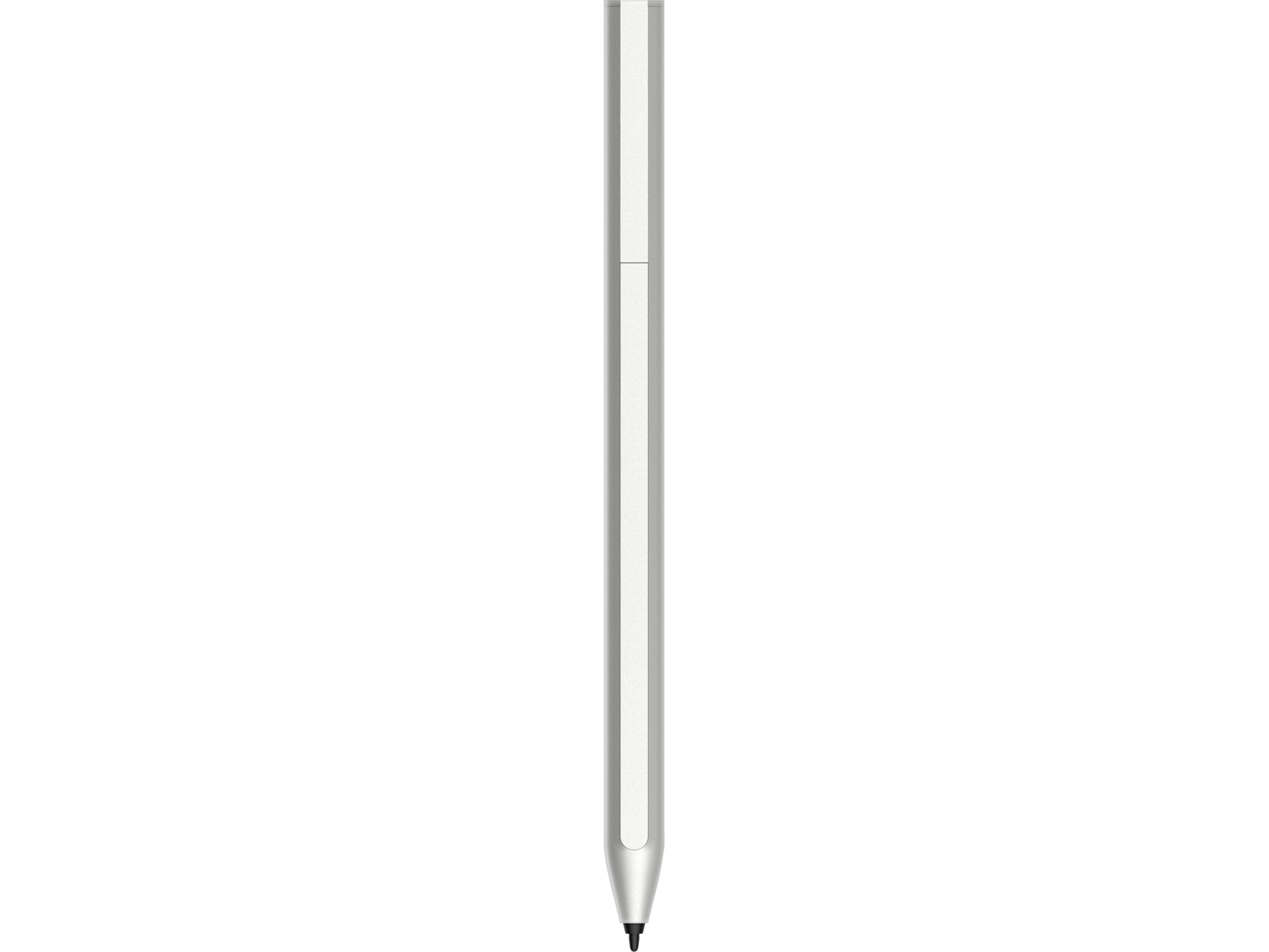 Ein silberner Stylus-Stift mit schlankem Design. Er ist aus Metall und hat eine schwarze Spitze.