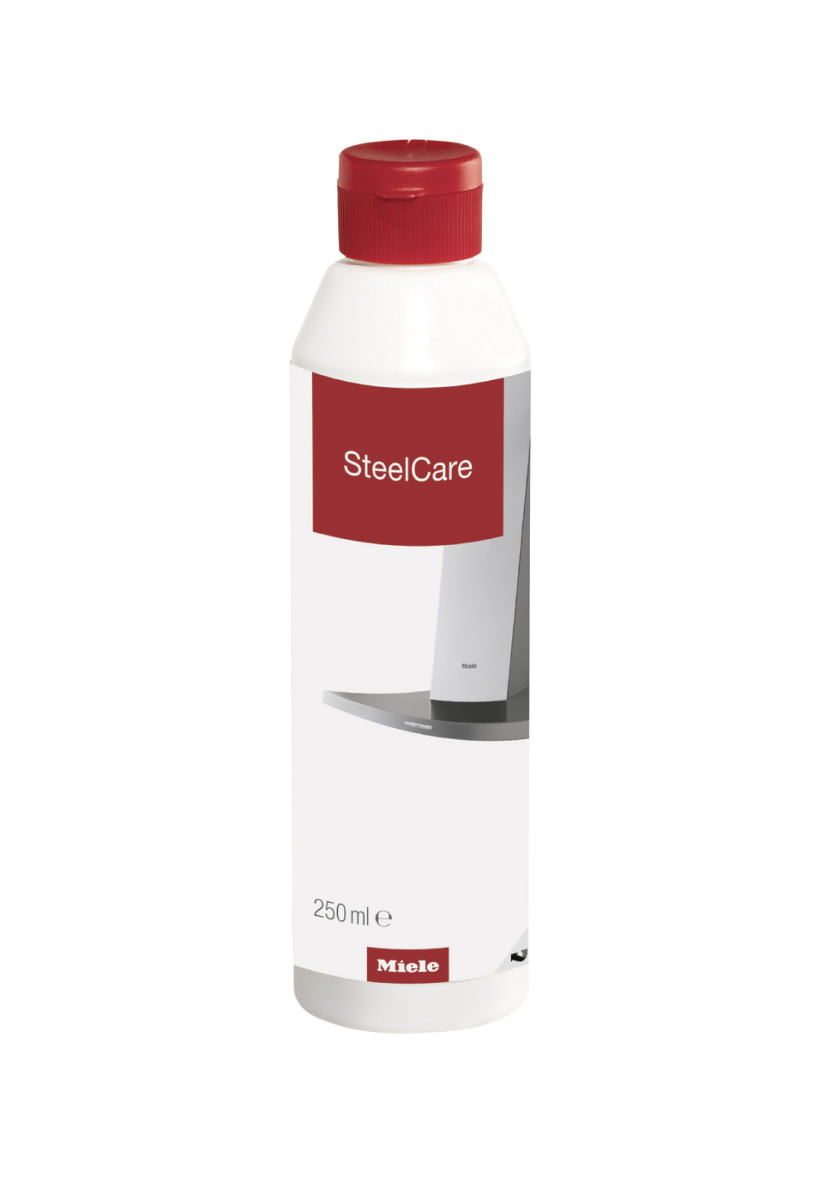 Weiße Flasche mit rotem Deckel, Text: SteelCare.