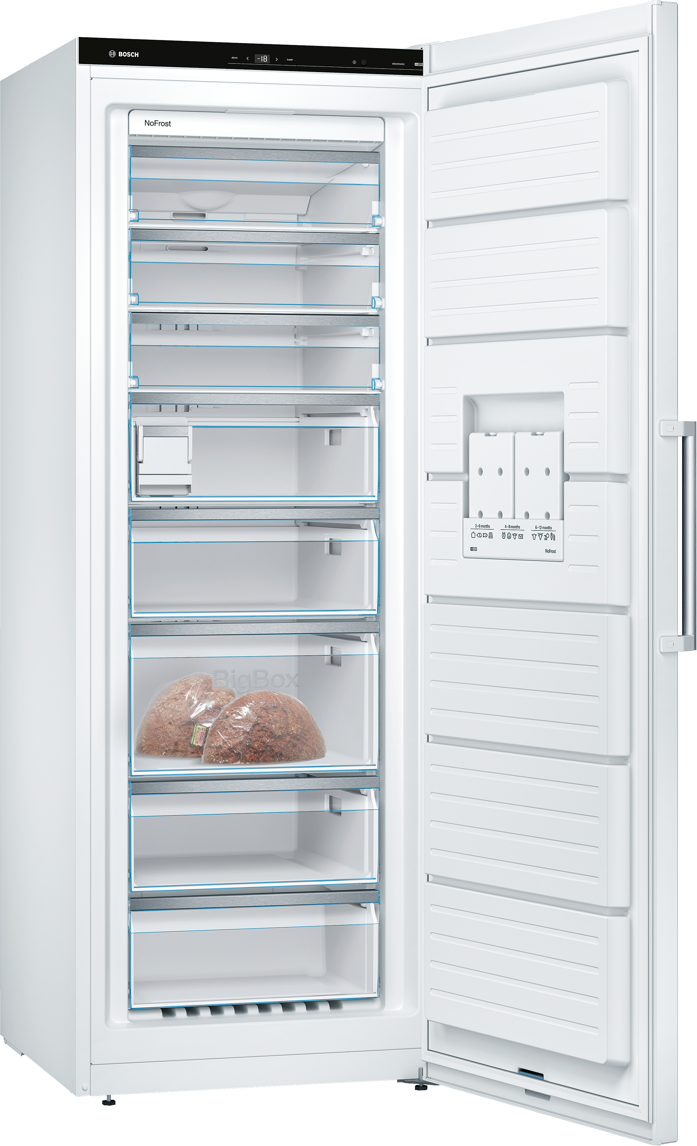 Ein weißer Kühlschrank mit offener Tür, der Regale und Schubladen zeigt.