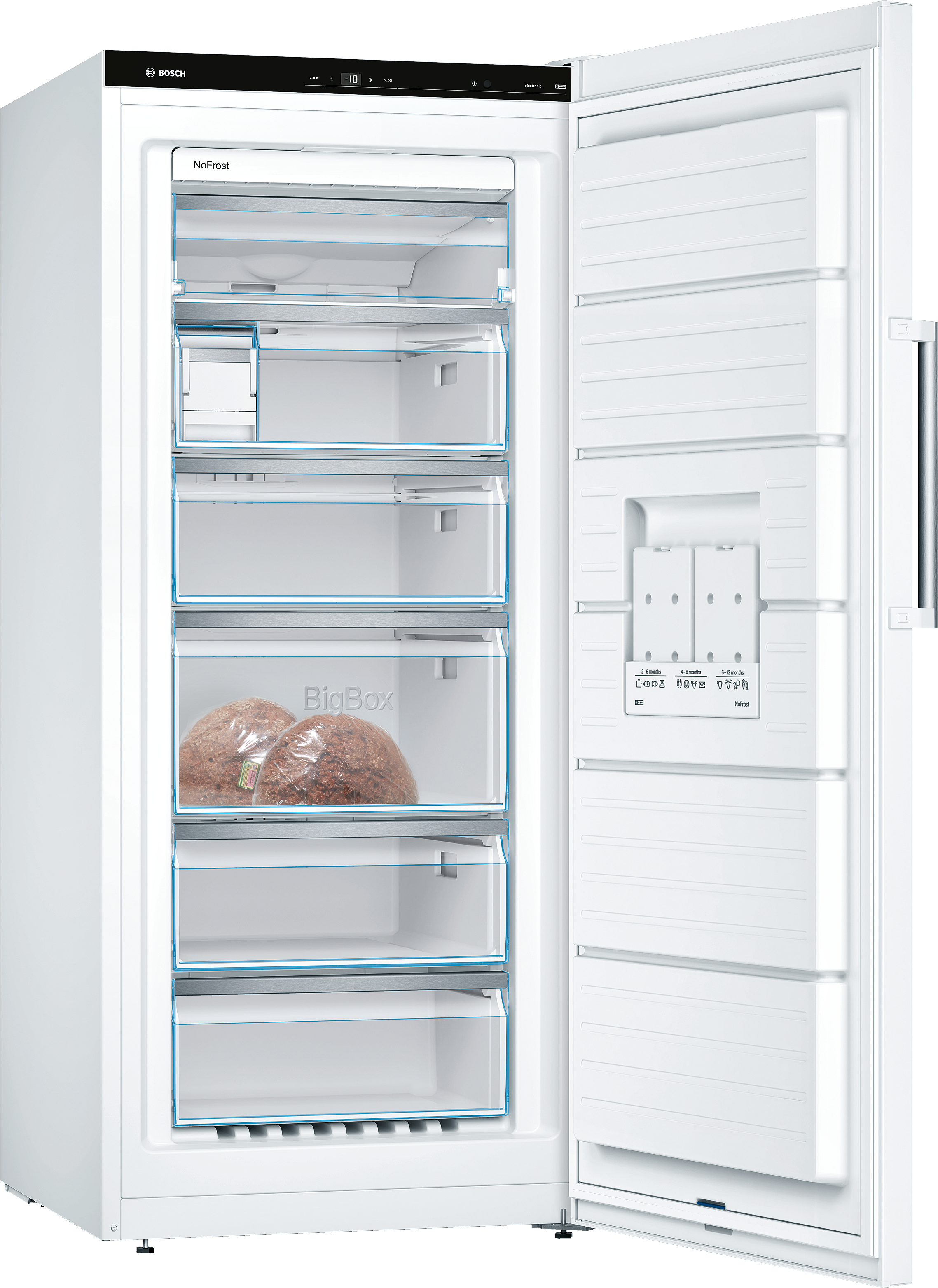 Ein weißer Kühlschrank mit offener Tür, der Schubladen und Regale mit Lebensmitteln zeigt.