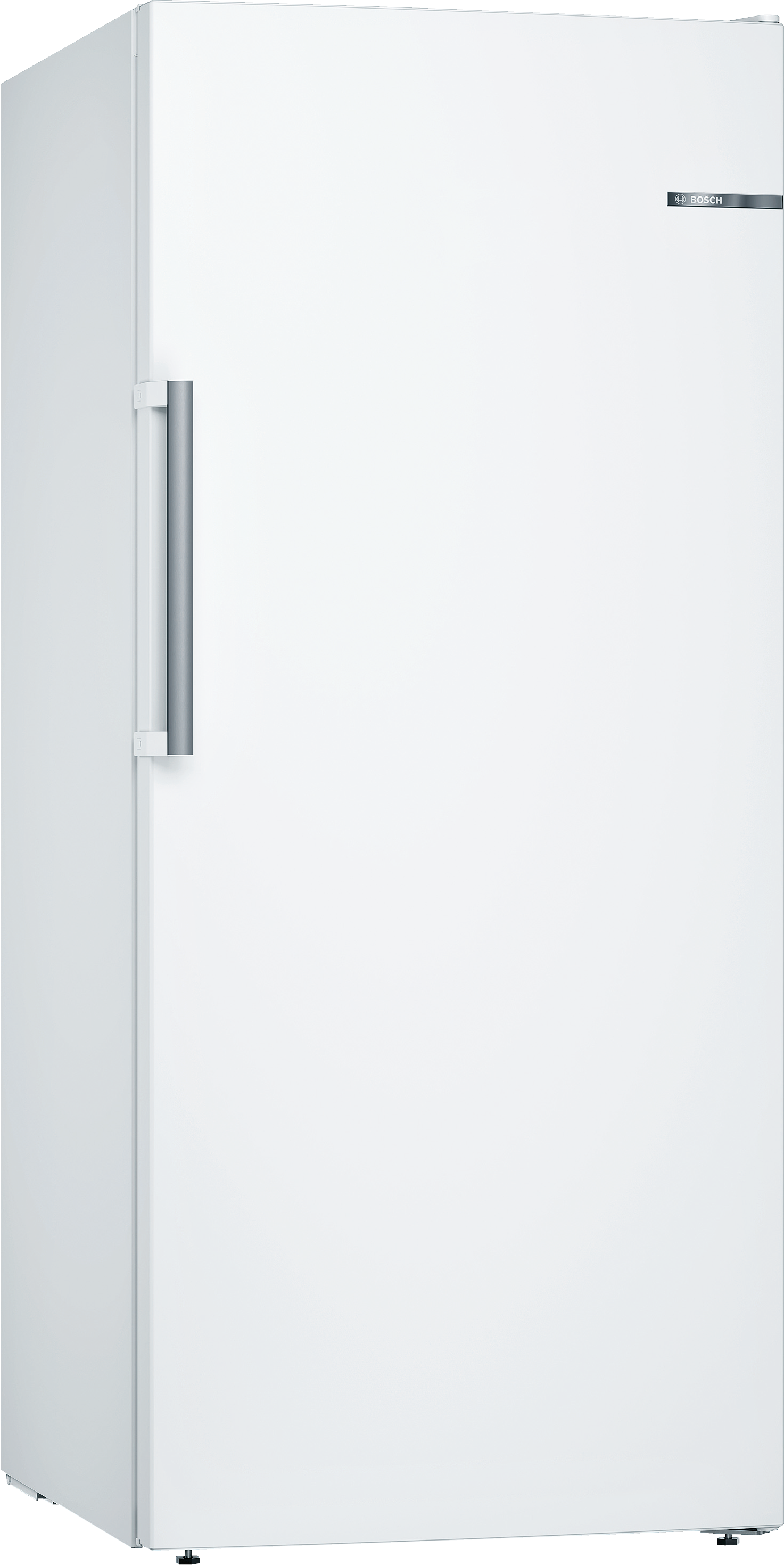Weißer Bosch-Kühlschrank, der hoch steht. Schlichtes Design mit vertikalem Griff und dem Bosch-Logo.