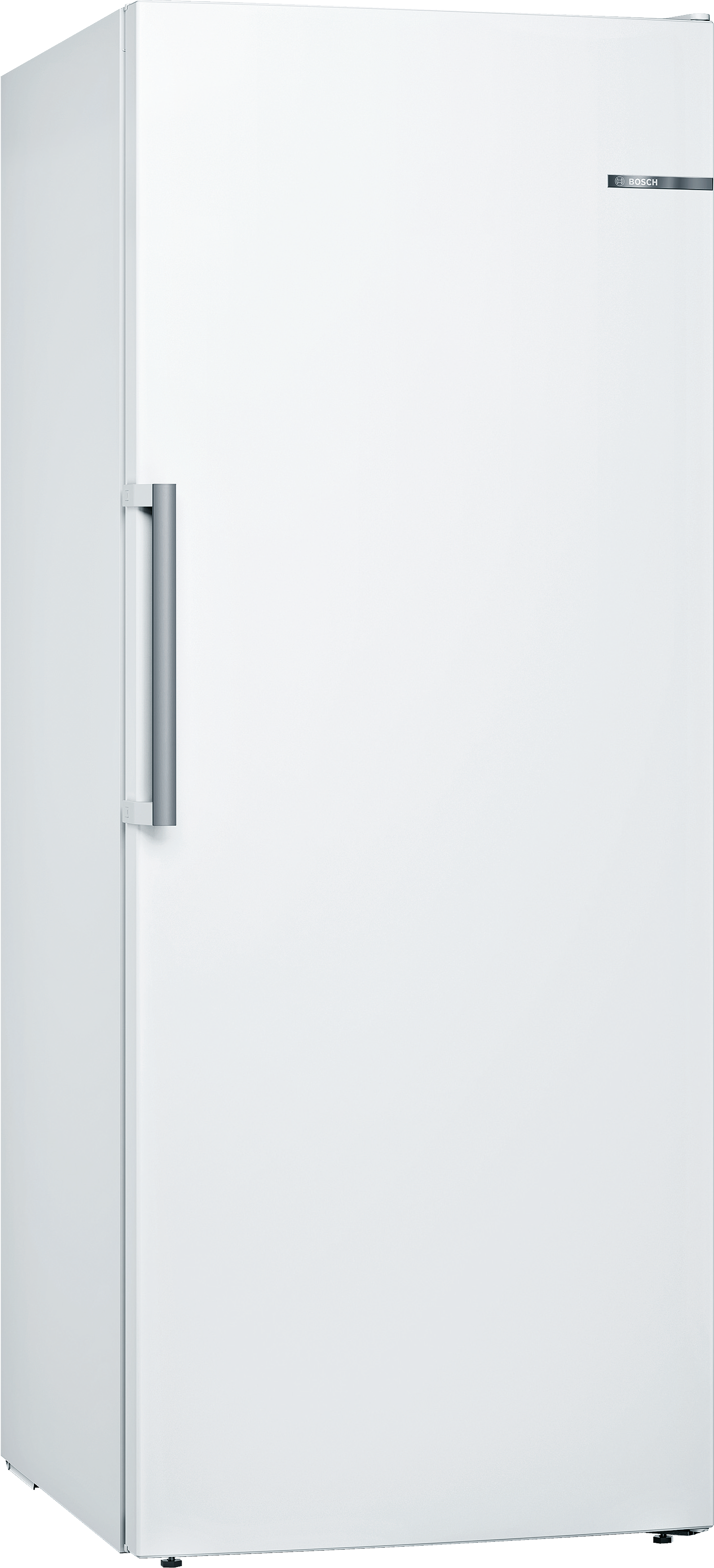 Ein hoher weißer Kühlschrank mit silbernem Griff, vor weißem Hintergrund.