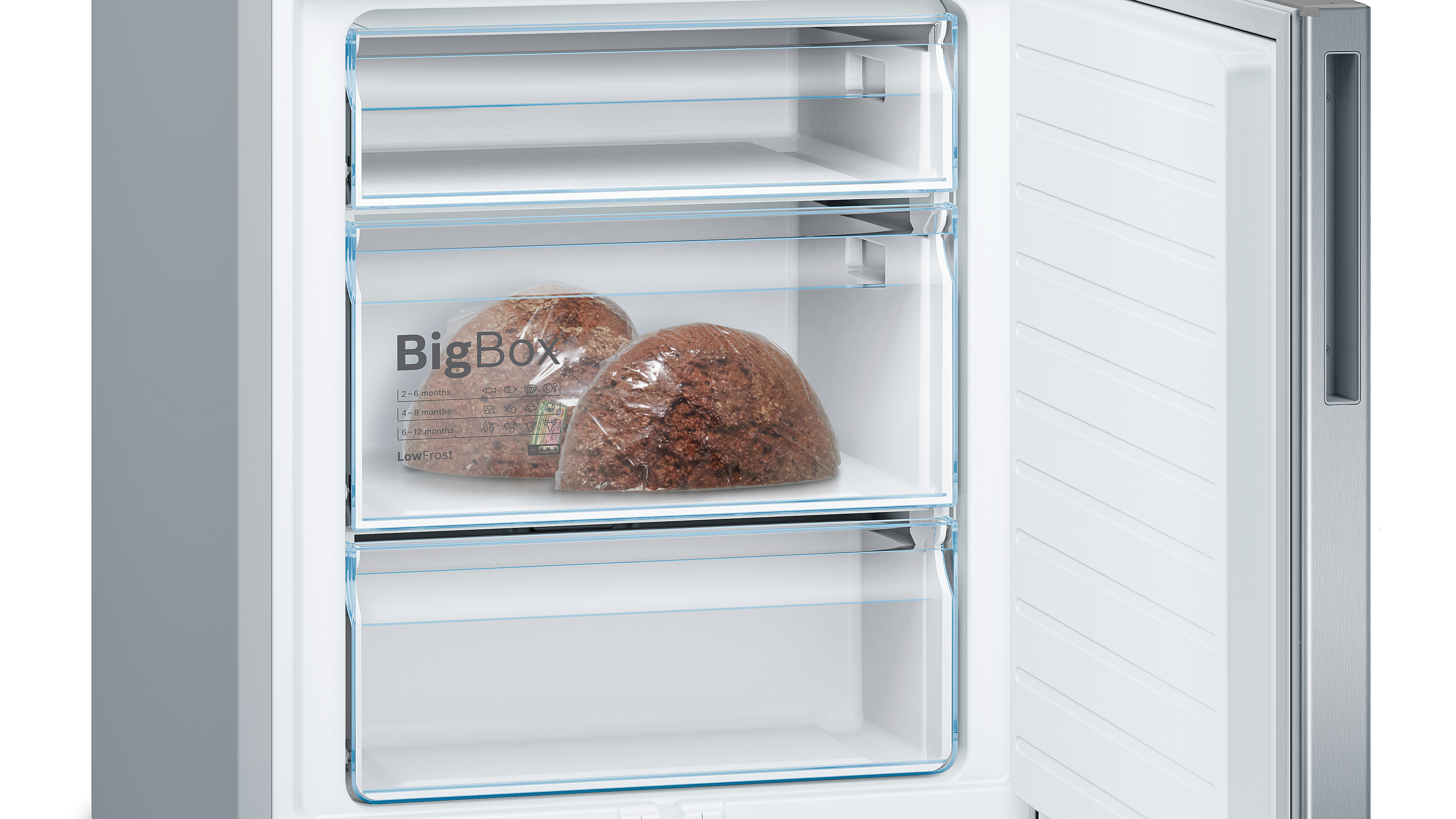 Gefrierschrank mit BigBox-Behälter mit zwei Brotlaiben darin.