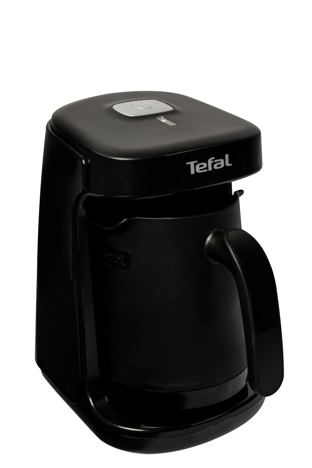 Üzerinde bir güç düğmesi bulunan siyah bir Tefal kahve makinesi, siyah bir arka plan üzerinde.