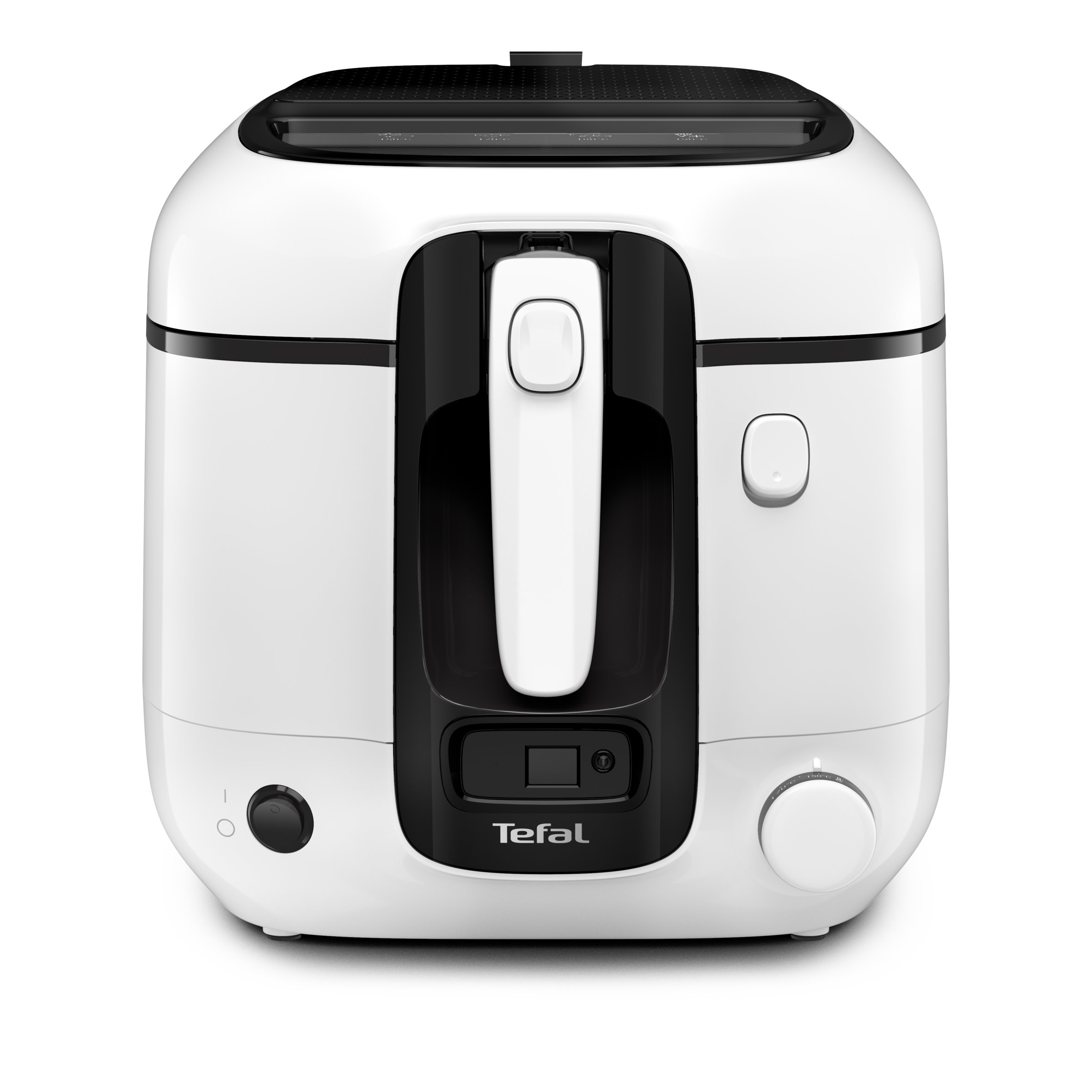 Beyaz bir arka plan üzerinde beyaz bir Tefal fritöz.
