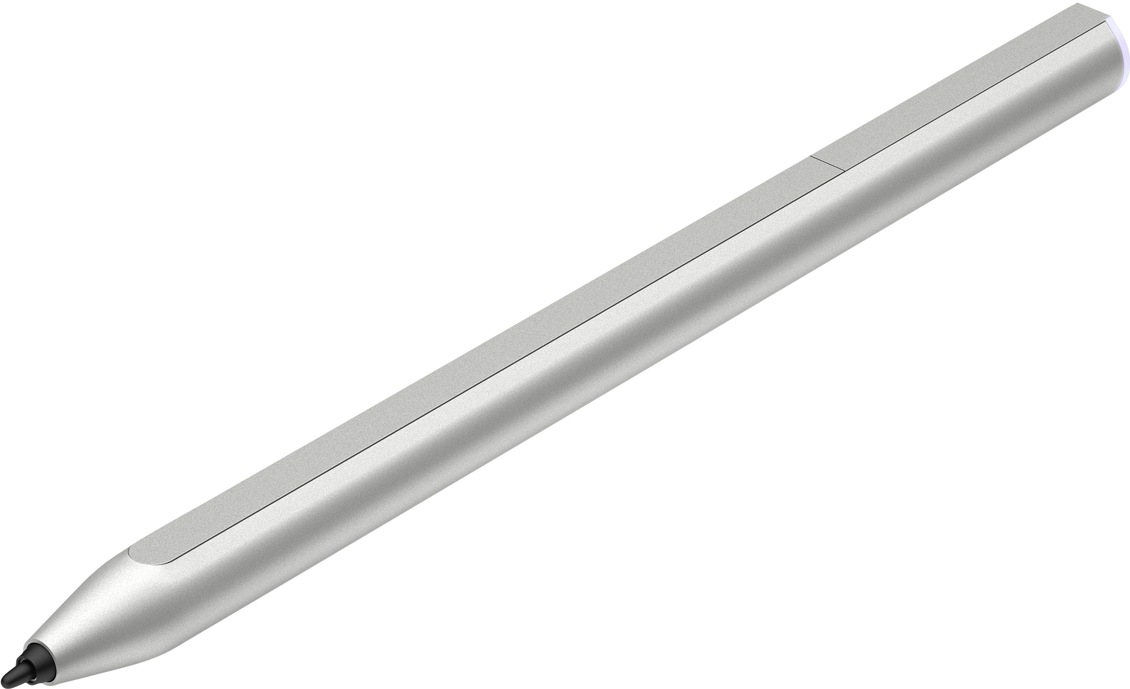 Silberner Eingabestift. Er ist zylindrisch und hat eine schwarze Spitze. Er ist abgewinkelt und auf weißem Hintergrund isoliert.