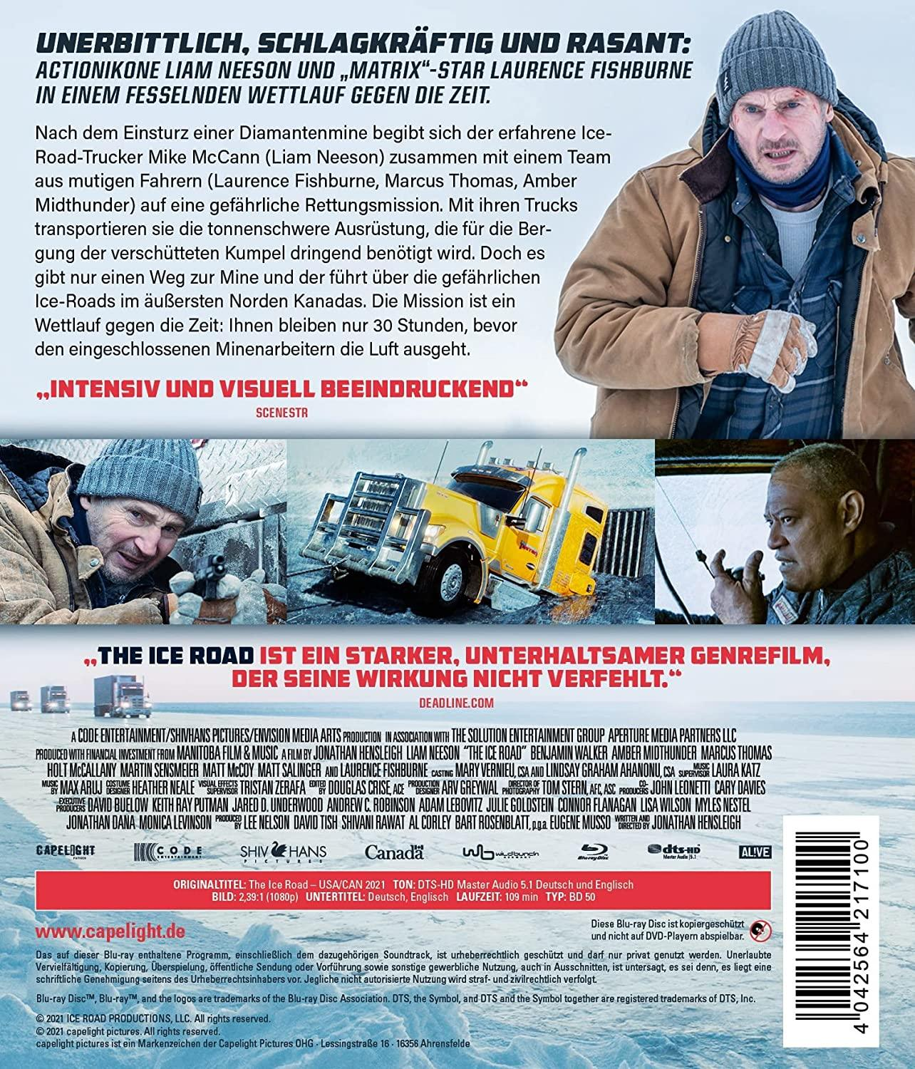 Ein Filmplakat für 'The Ice Road' zeigt Liam Neeson, einen gelben LKW und eine verschneite Szene.