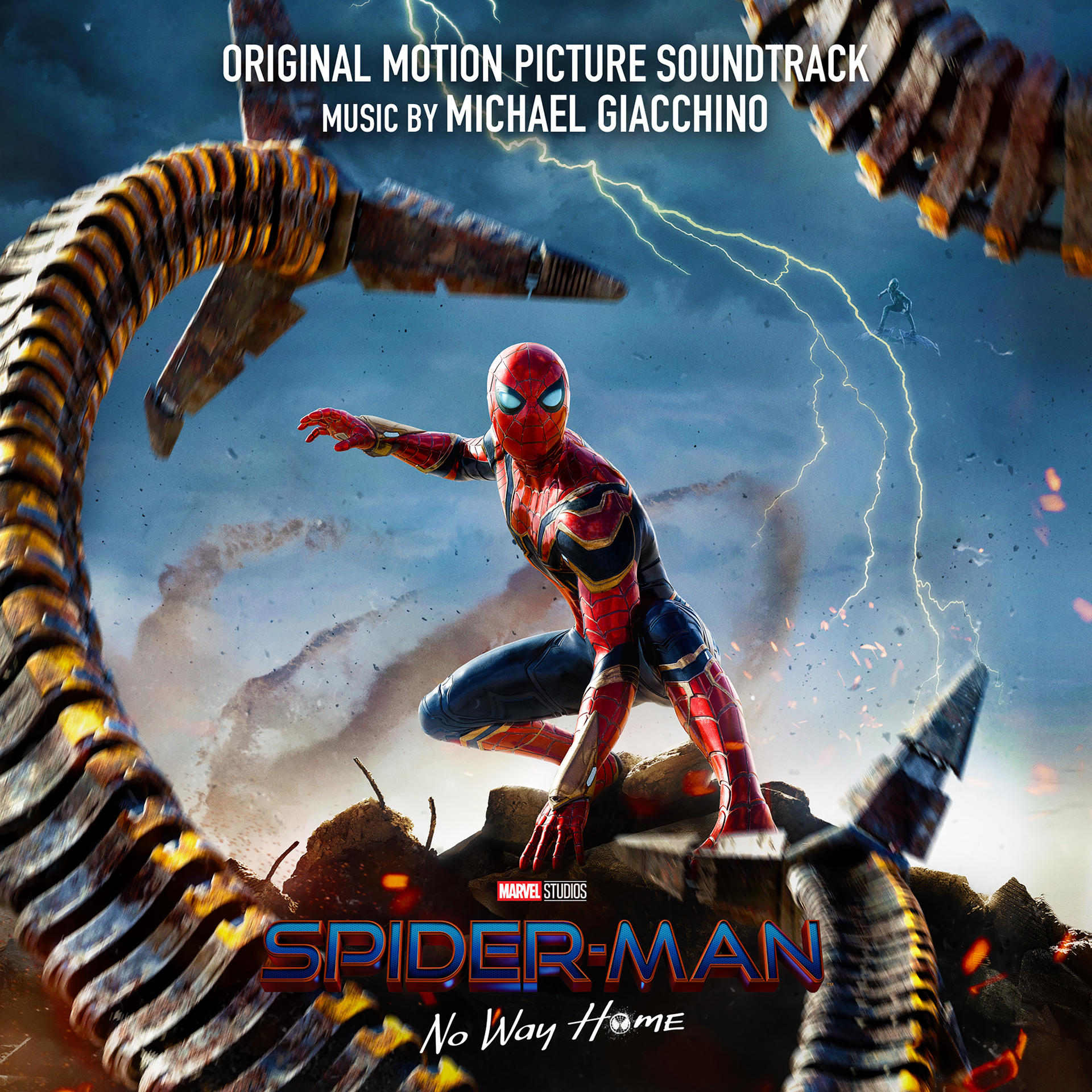 Filmposter voor 'Spider-Man: No Way Home', Spider-Man in actie, omringd door mechanische armen en bliksem.