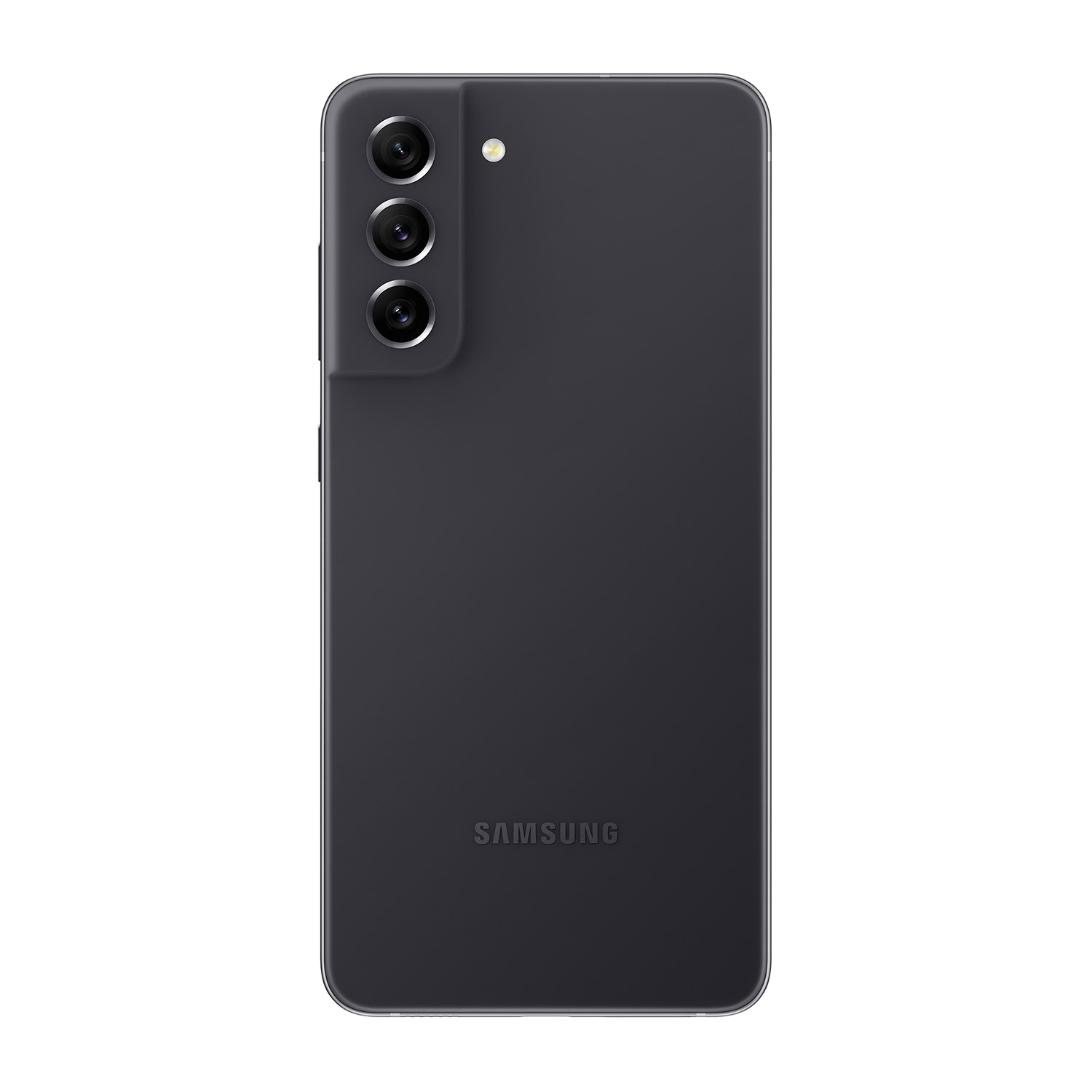 Parte trasera de un smartphone gris oscuro con tres cámaras, un flash y el logotipo de Samsung sobre fondo negro.