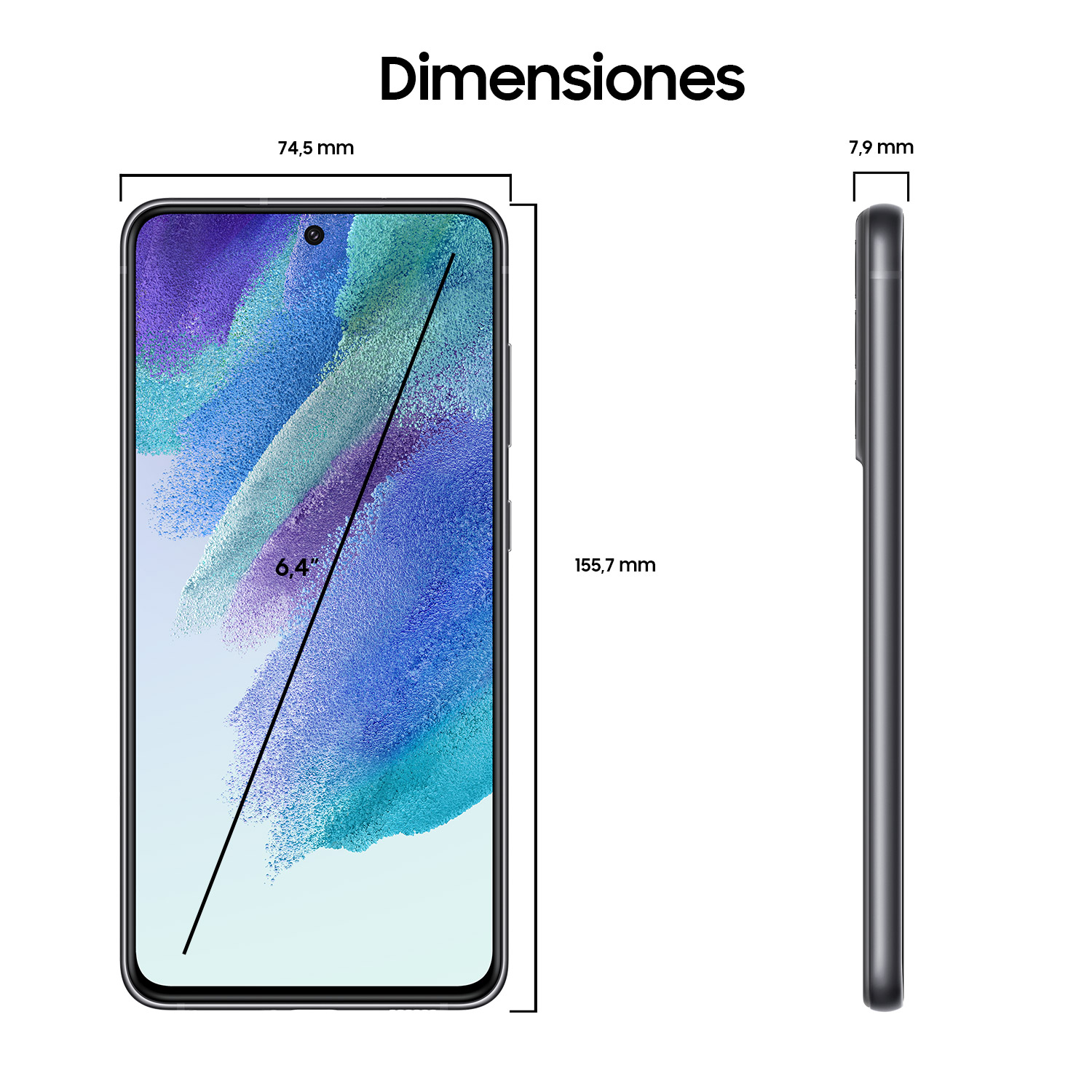 Dimensiones de un smartphone negro mostrando tamaño y grosor.