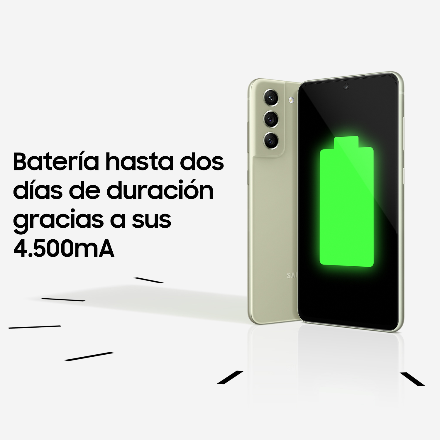 Un teléfono verde que muestra una batería verde brillante. El teléfono está apoyado contra otro teléfono.
