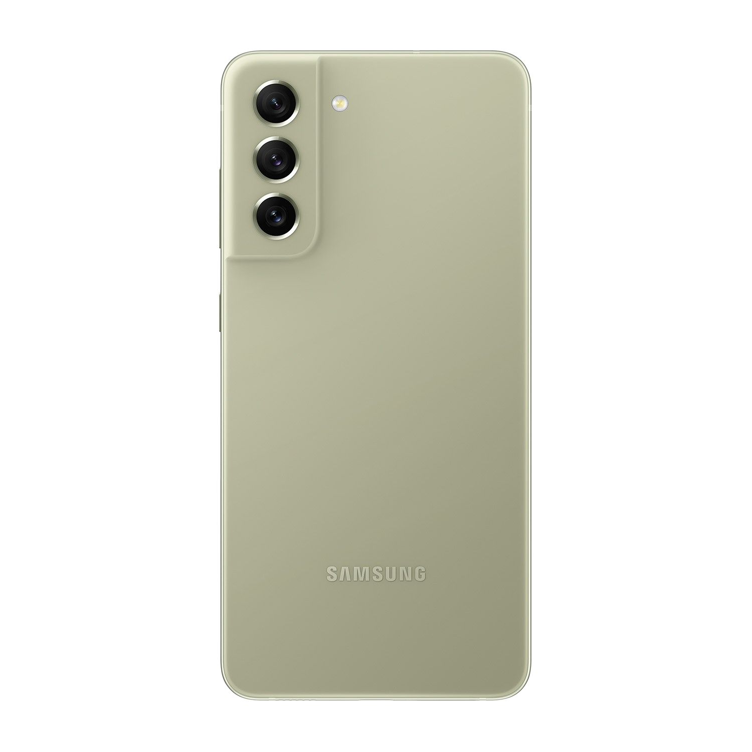 Parte trasera de un teléfono Samsung S21 FE verde con tres cámaras y el logotipo de Samsung. Fondo negro.