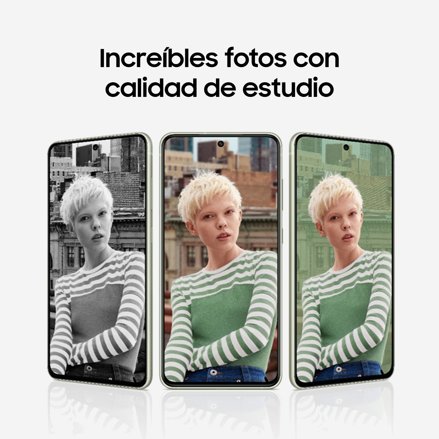 Tres pantallas de smartphone muestran una foto de una mujer con diferentes estilos editados.