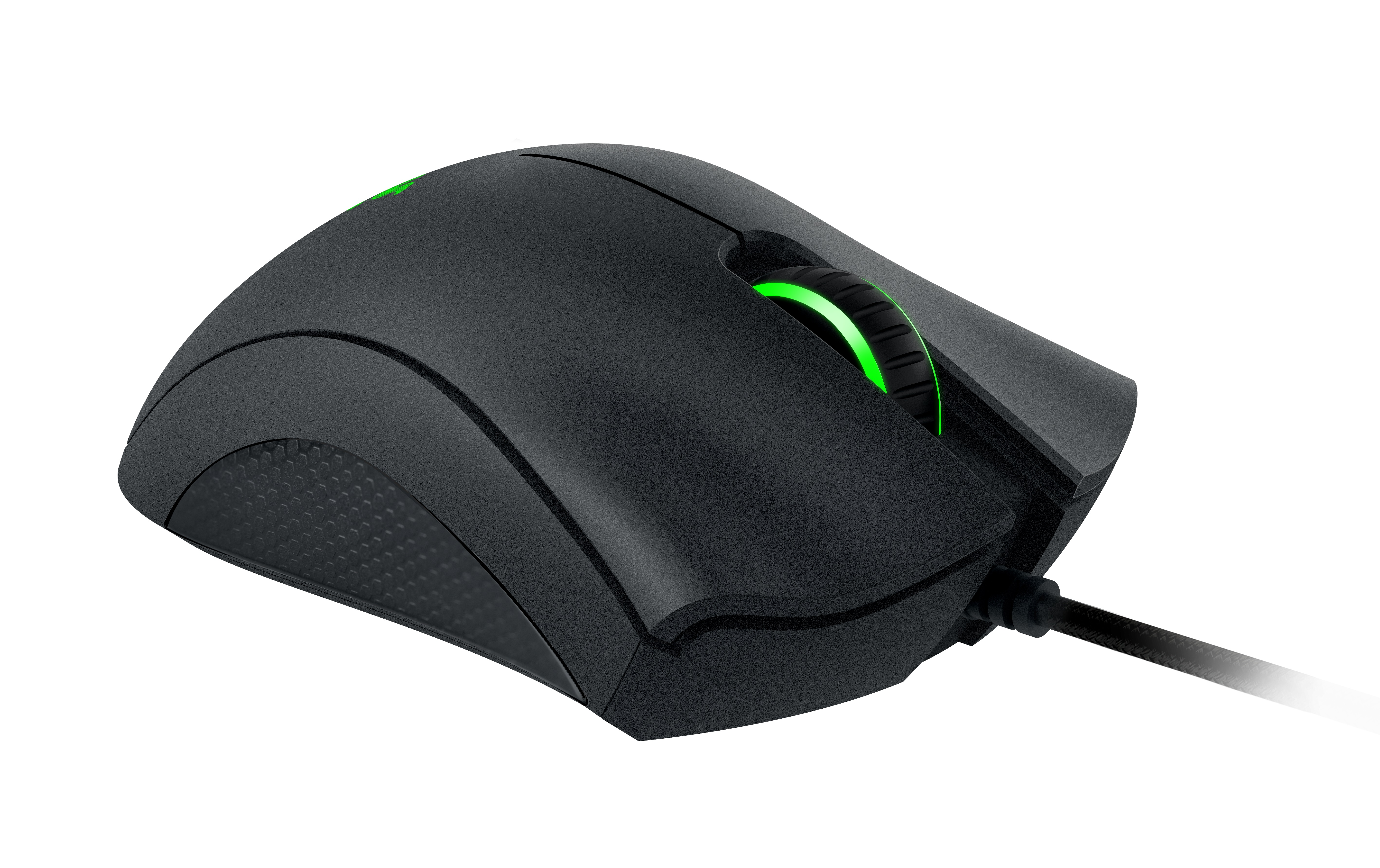 Zwarte gamingmuis. Voorzien van een groen scrollwiel en een bedrade verbinding.