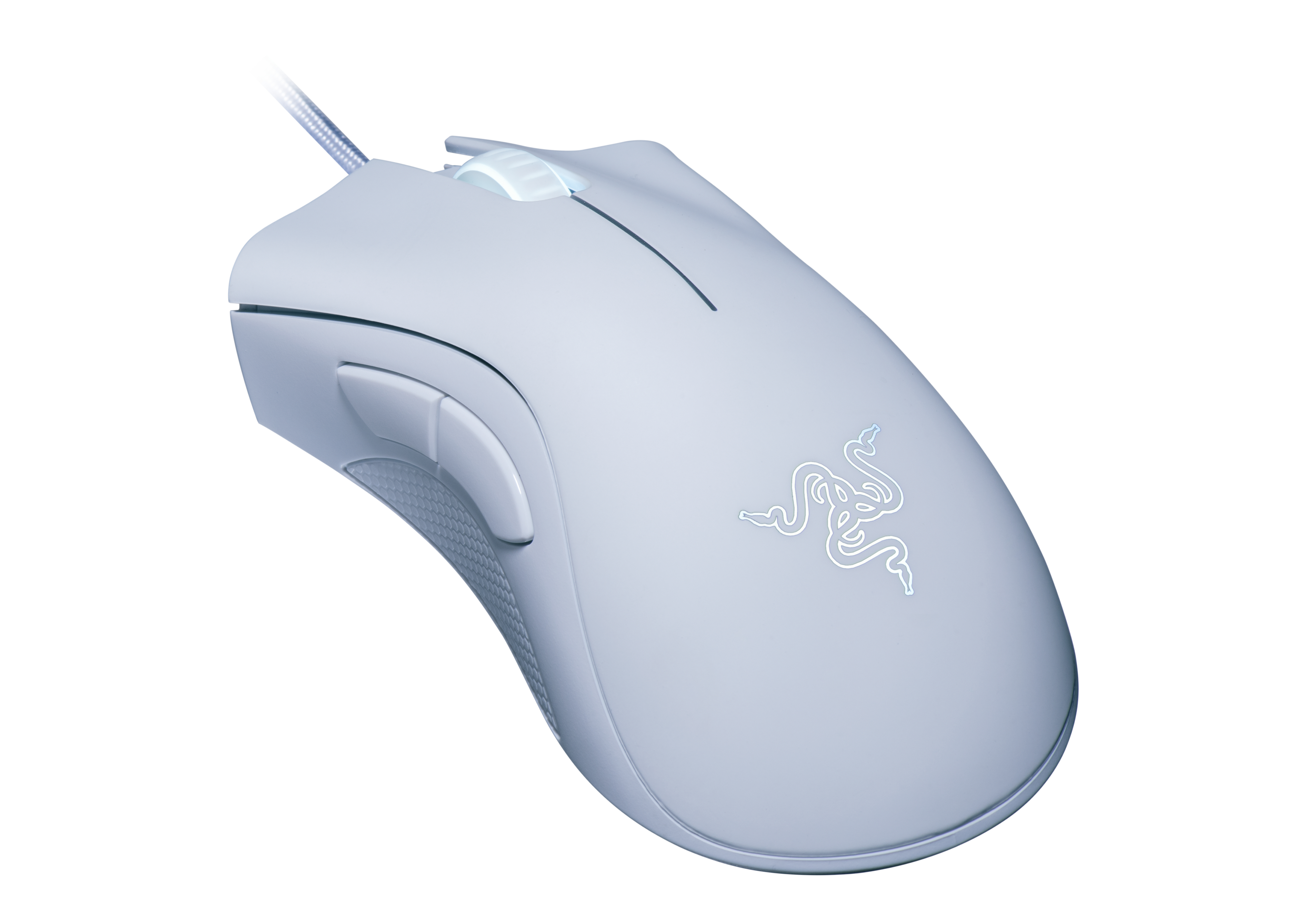 Witte gamingmuis met twee zijknopjes en een oplichtend logo op een witte achtergrond.