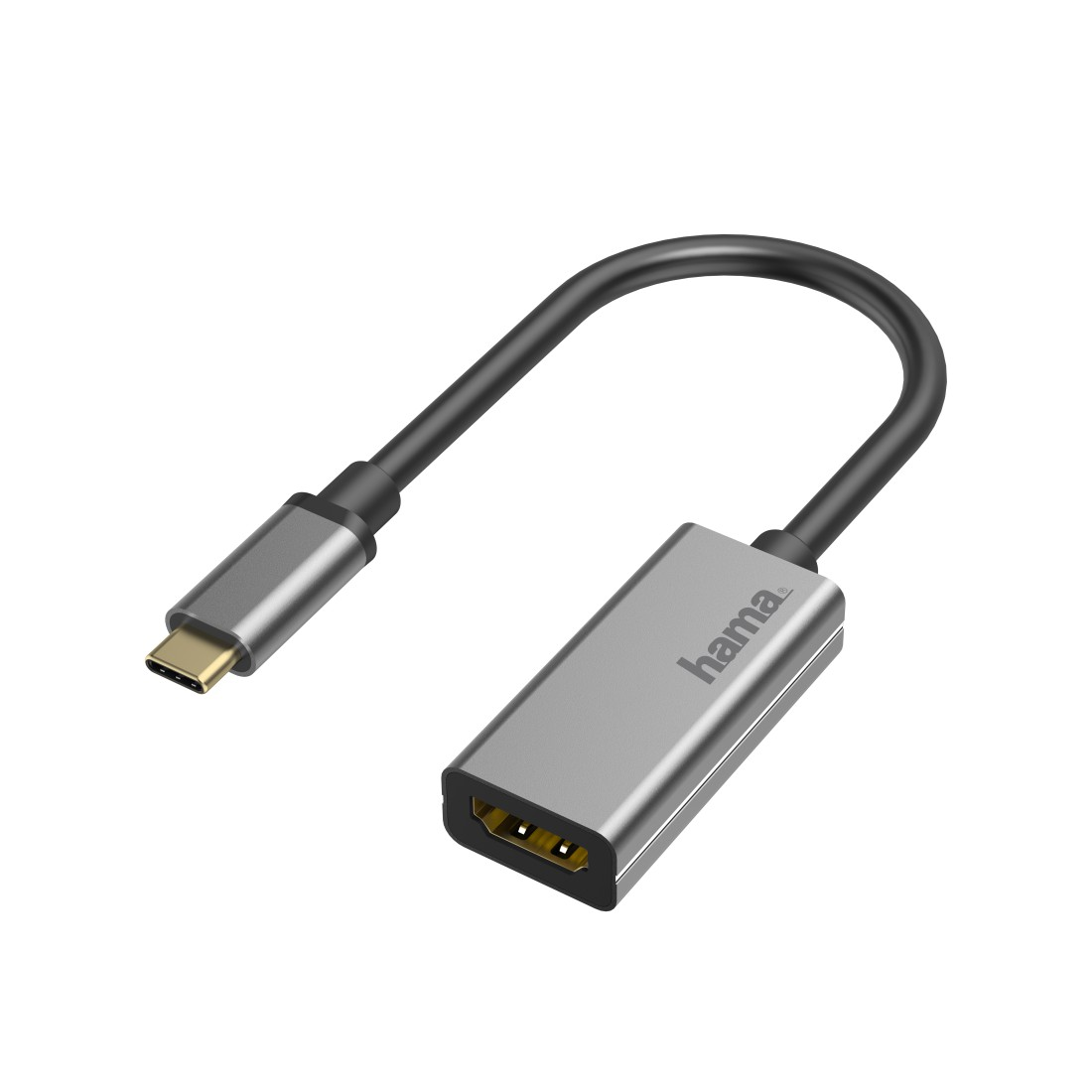 Zilveren USB-C naar HDMI adapterkabel met zwarte kabel en connectoren.