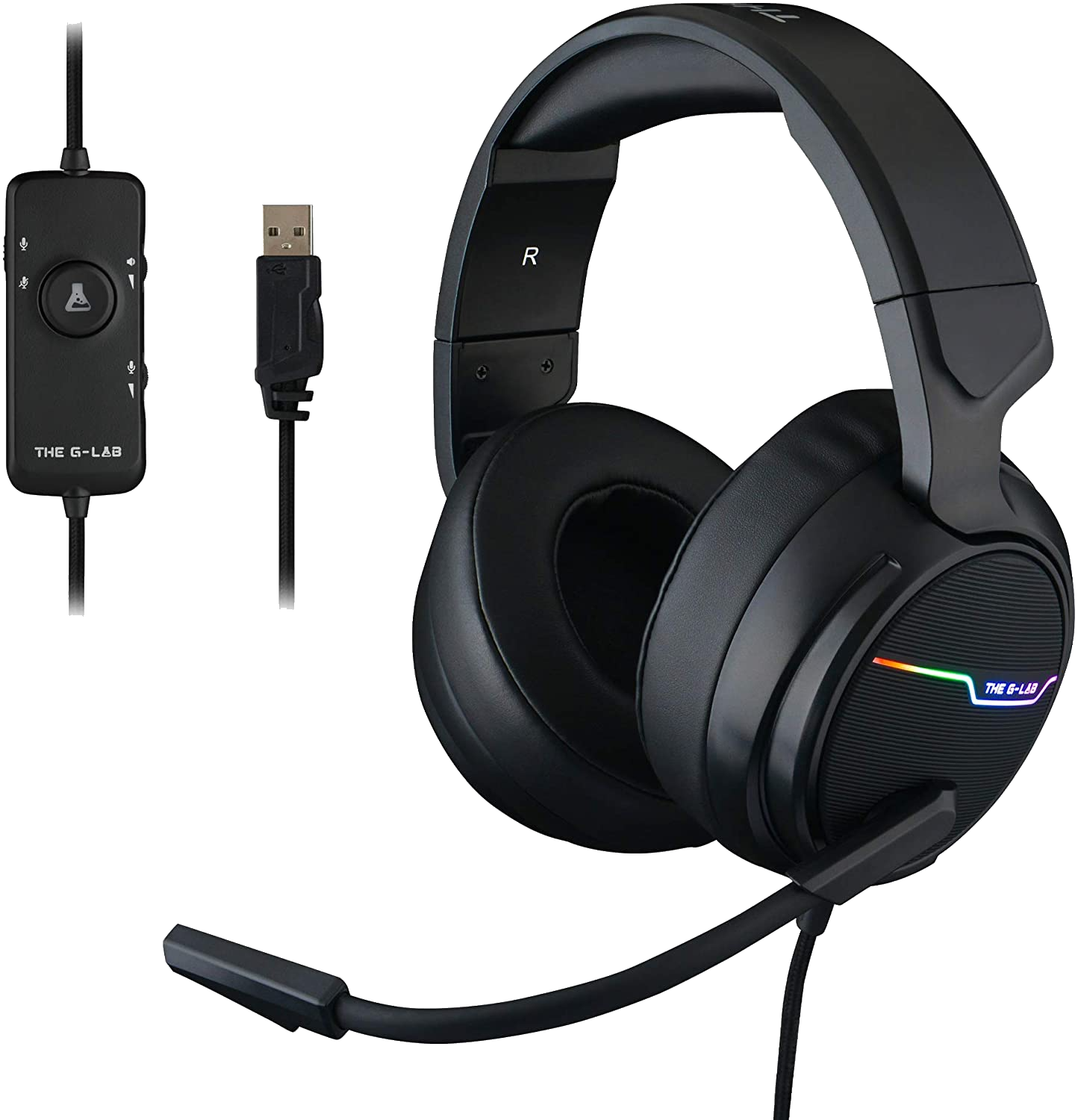 Auriculares gaming - The G-LAB Korp Thallium 7.1, Reducción ruido, Micrófono, Retroiluminado, Cable USB, Negro