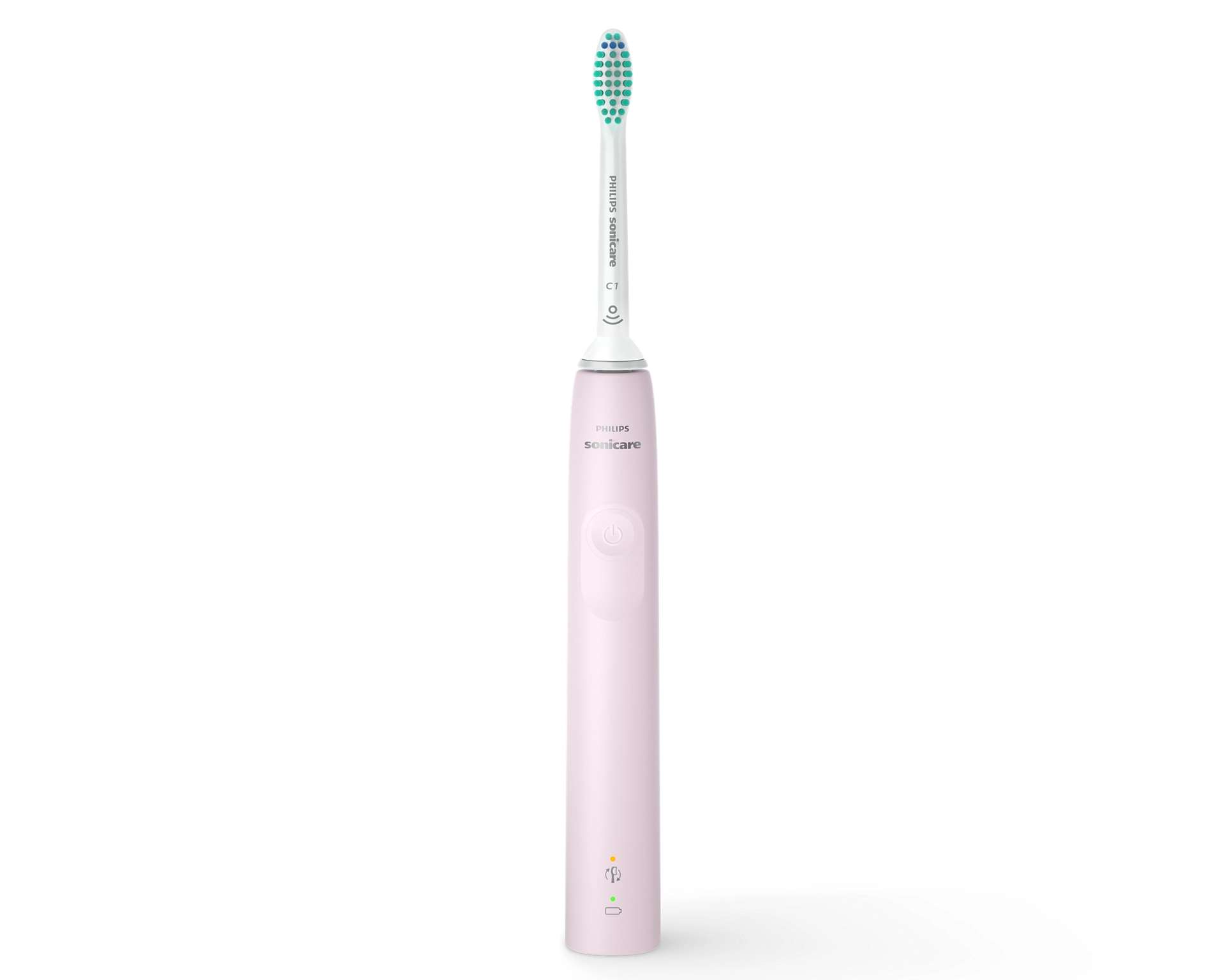 Brosse à dents électrique rose. Manche blanc, avec des poils verts et blancs.