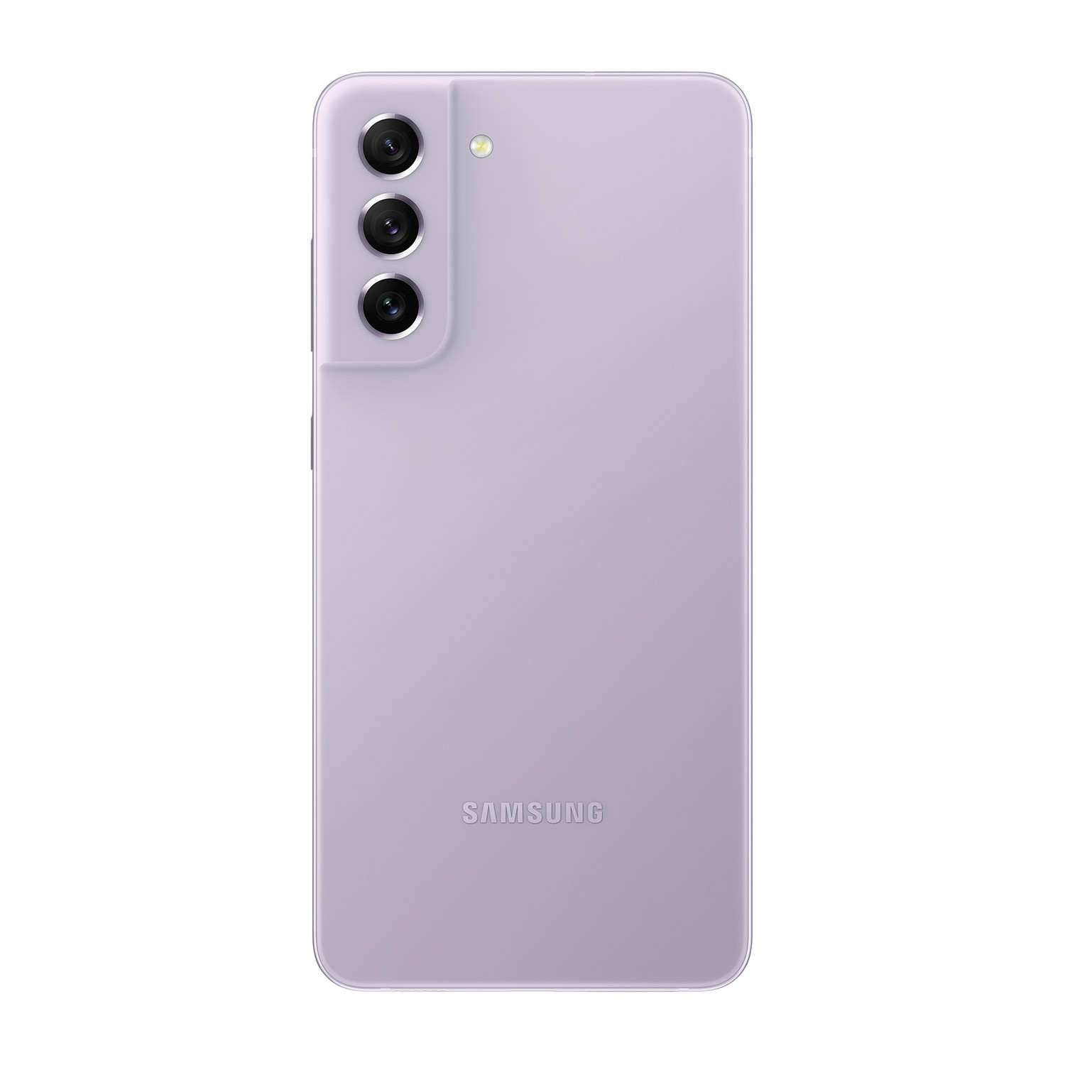 Un teléfono inteligente morado con tres cámaras en la parte trasera. El teléfono está sobre un fondo negro.