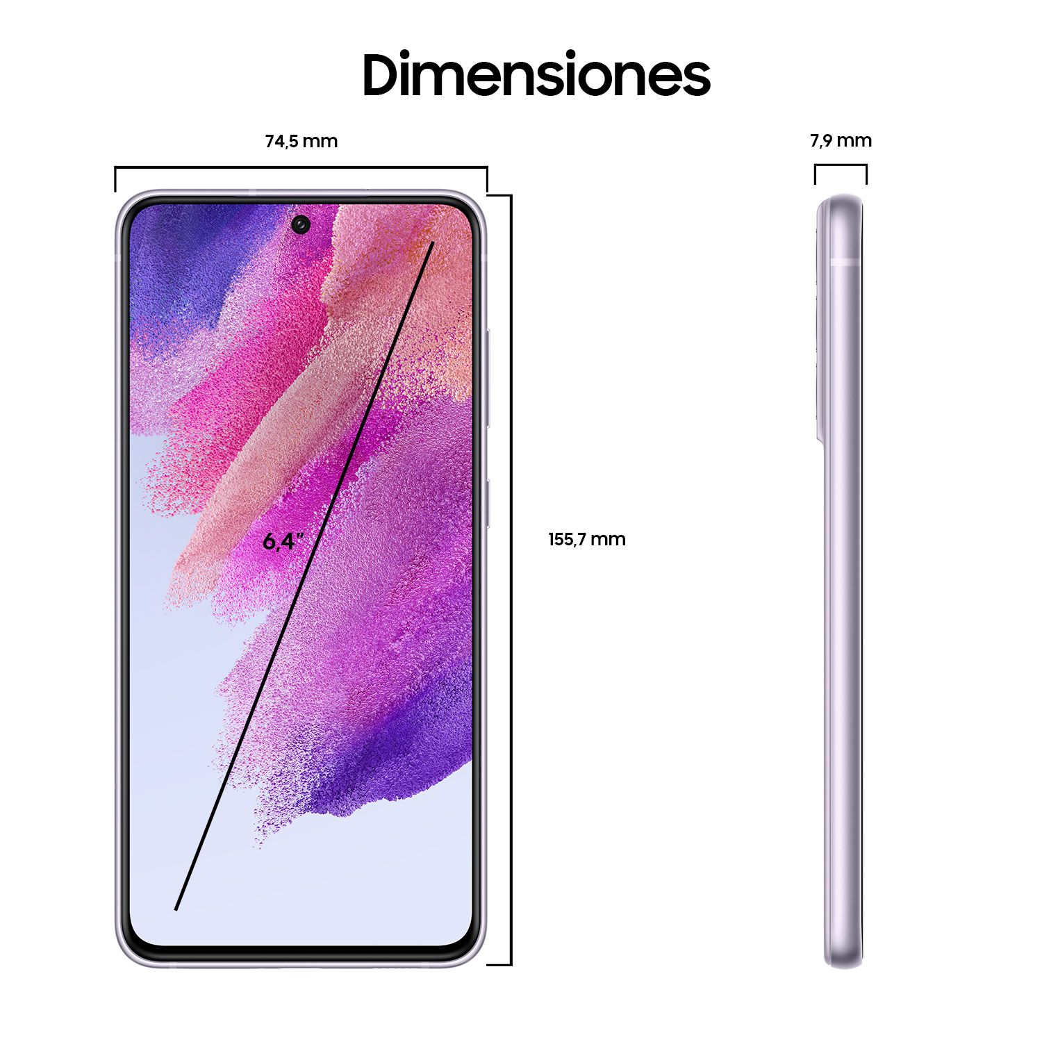 Dos vistas de un teléfono inteligente lila. Vista frontal muestra la pantalla, vista lateral dimensiones.