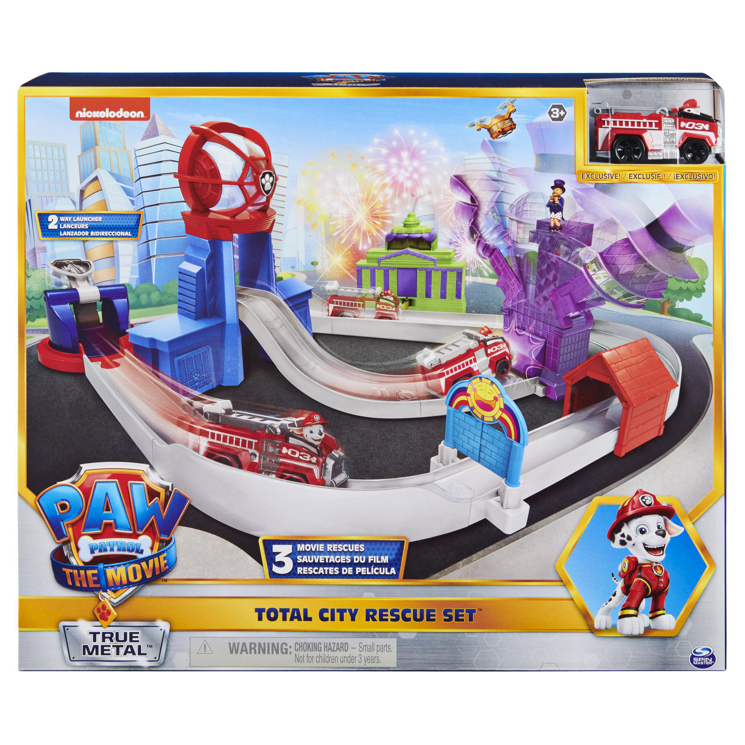 Spielzeugset mit einer Stadtkulisse, Feuerwehrautos und einem Paw Patrol Charakter.
