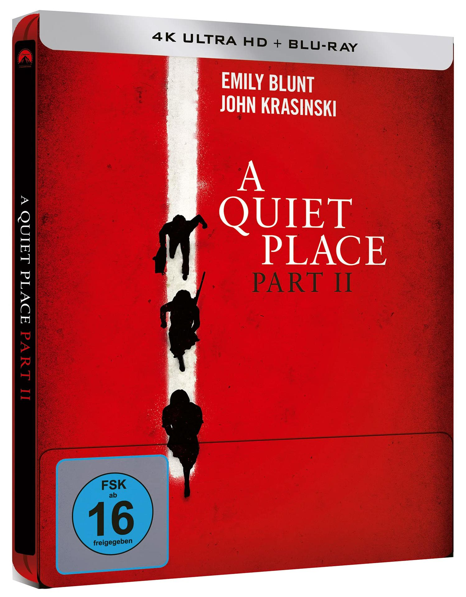 Ein Filmcover für 'A Quiet Place Part II' in Rot und Weiß, mit rennenden Figuren.