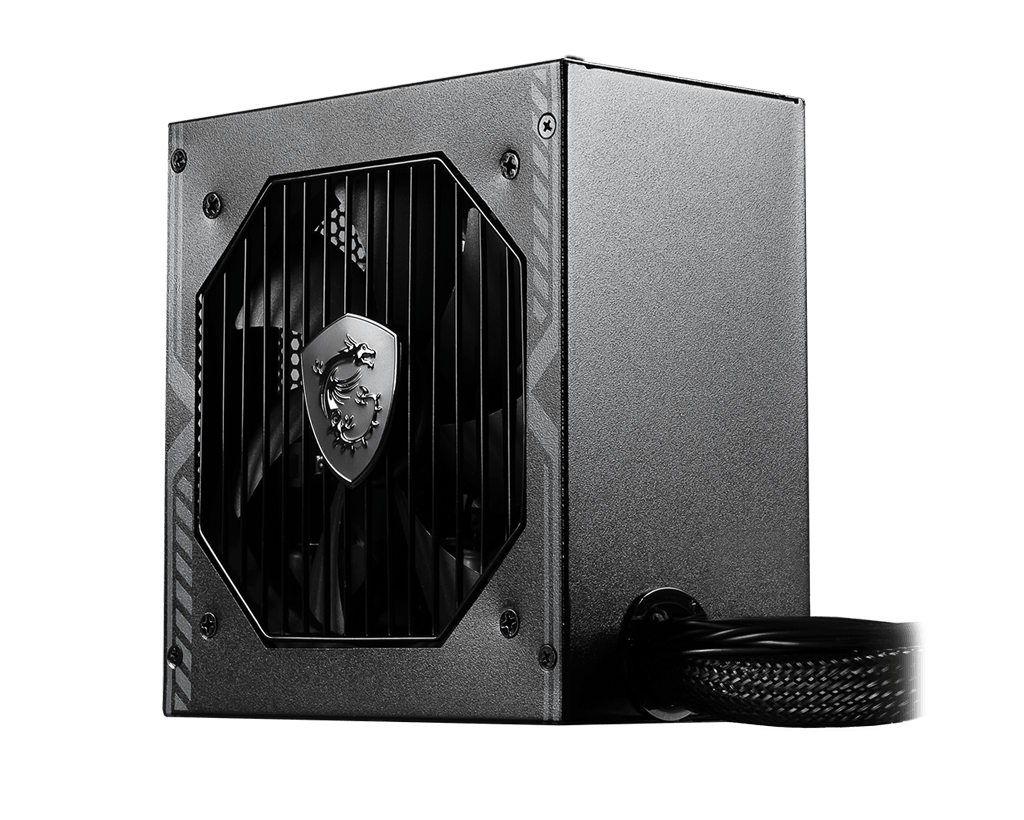 Ön tarafında bir fan ve gümüş MSI logosu bulunan siyah bilgisayar güç kaynağı.